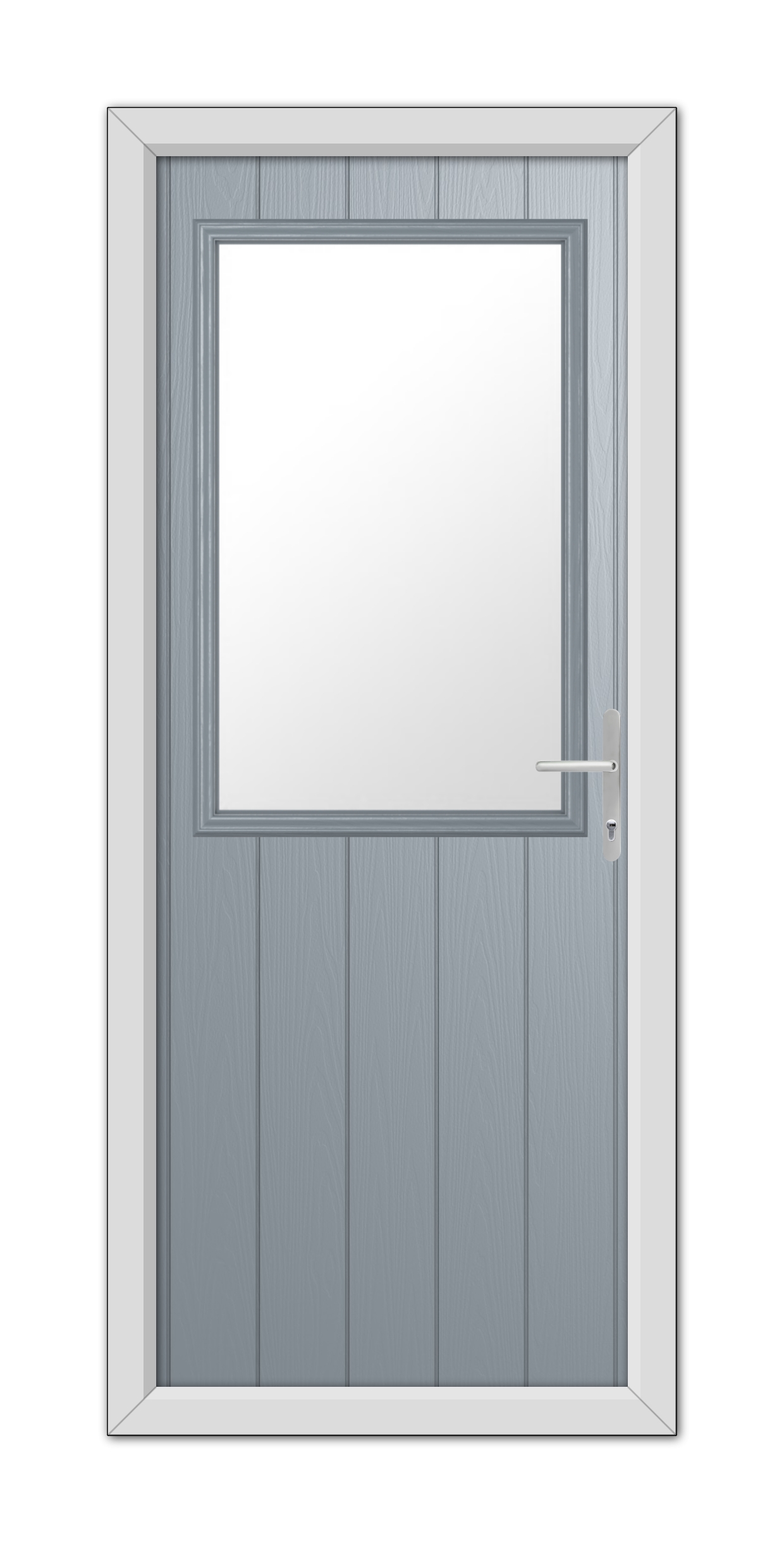 A modern, French Grey Clifton composite door with a large square glass panel, featuring a metallic handle on the right side, set within a white frame.