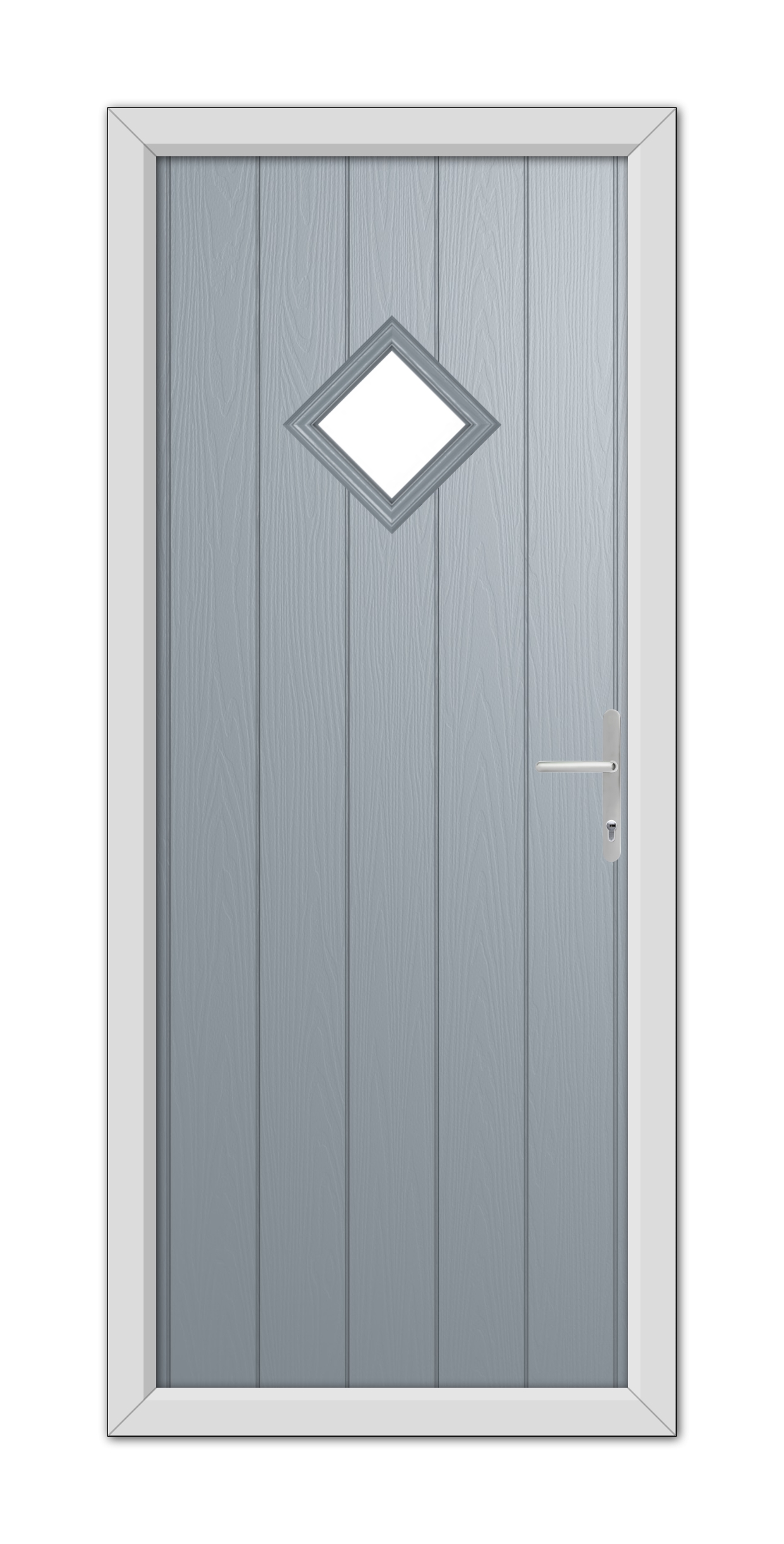 A French Grey Cornwall Composite Door 48mm Timber Core with a diamond-shaped window and a modern handle, framed in a white doorframe.