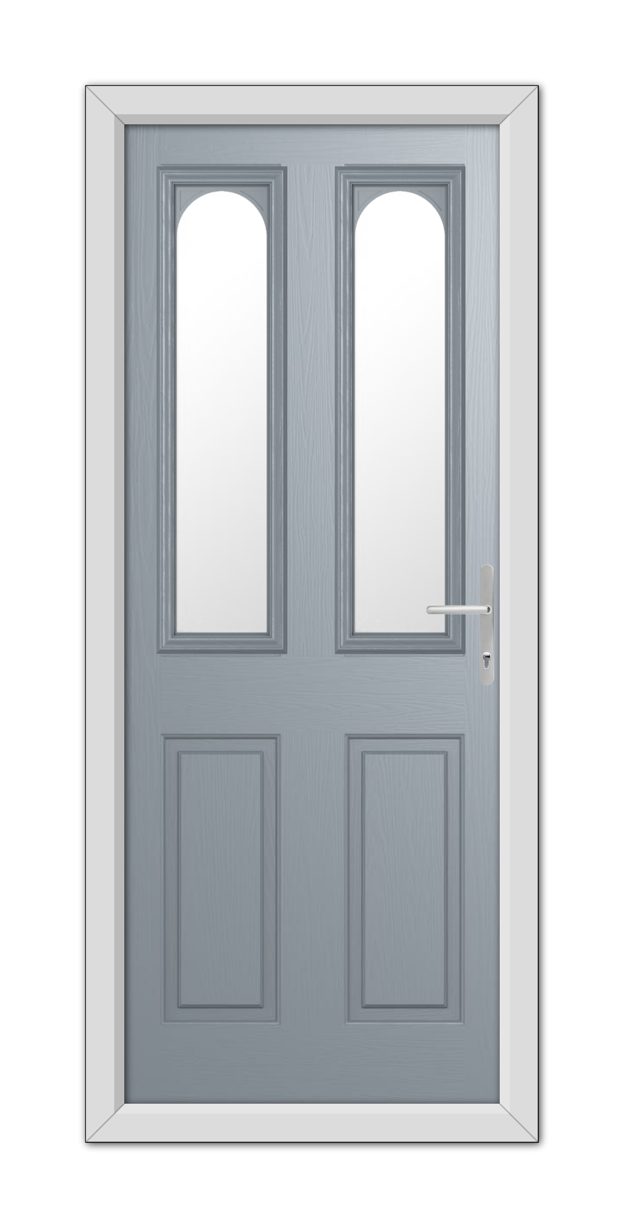 A modern French Grey Elmhurst Composite Door 48mm Timber Core with rectangular glass panels on each side, featuring a white frame and a metallic handle on the right door.