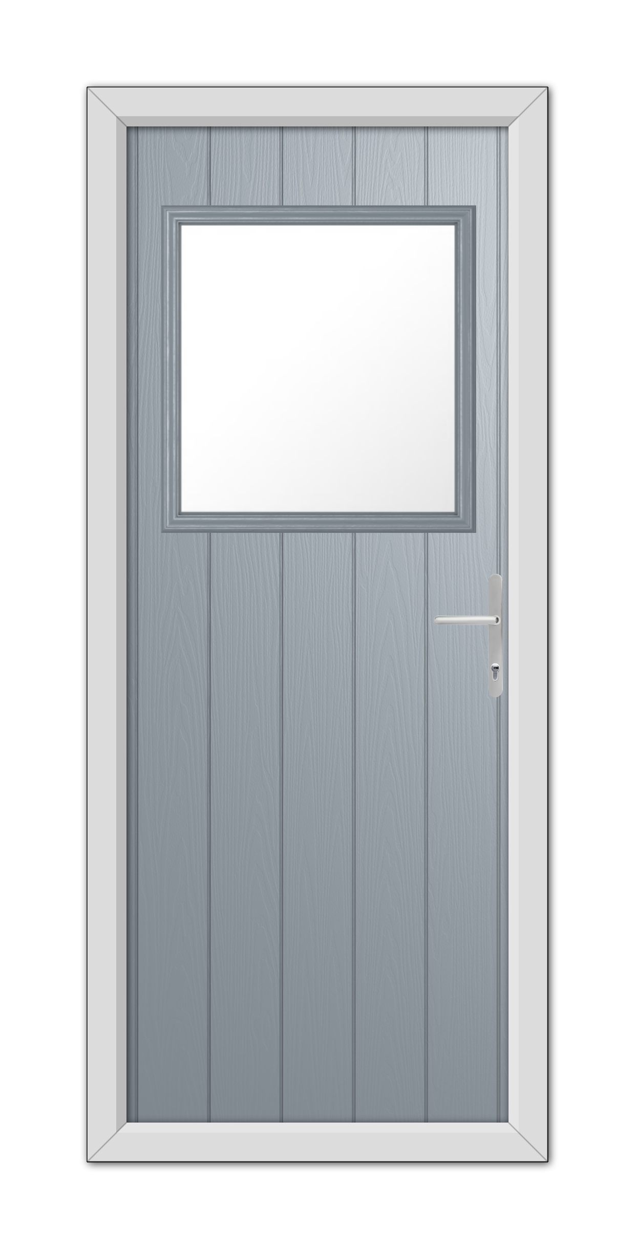 A modern French Grey Fife Composite Door 48mm Timber Core with a vertical panel design and a rectangular window at the top, featuring a silver handle on the right side.