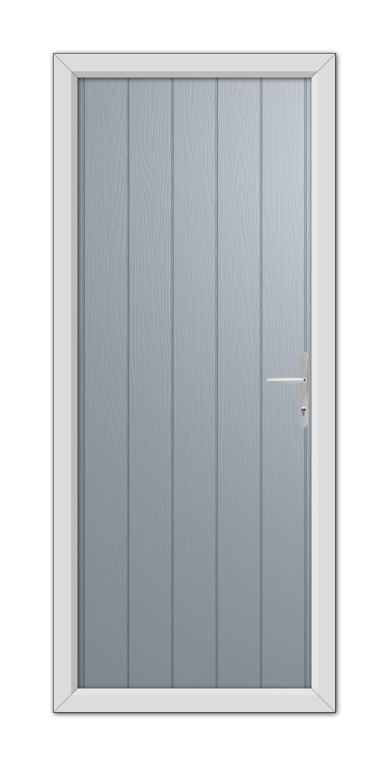 A modern French Grey Gloucester Composite Door 48mm Timber Core with a metal handle, set within a simple white frame, isolated on a white background.