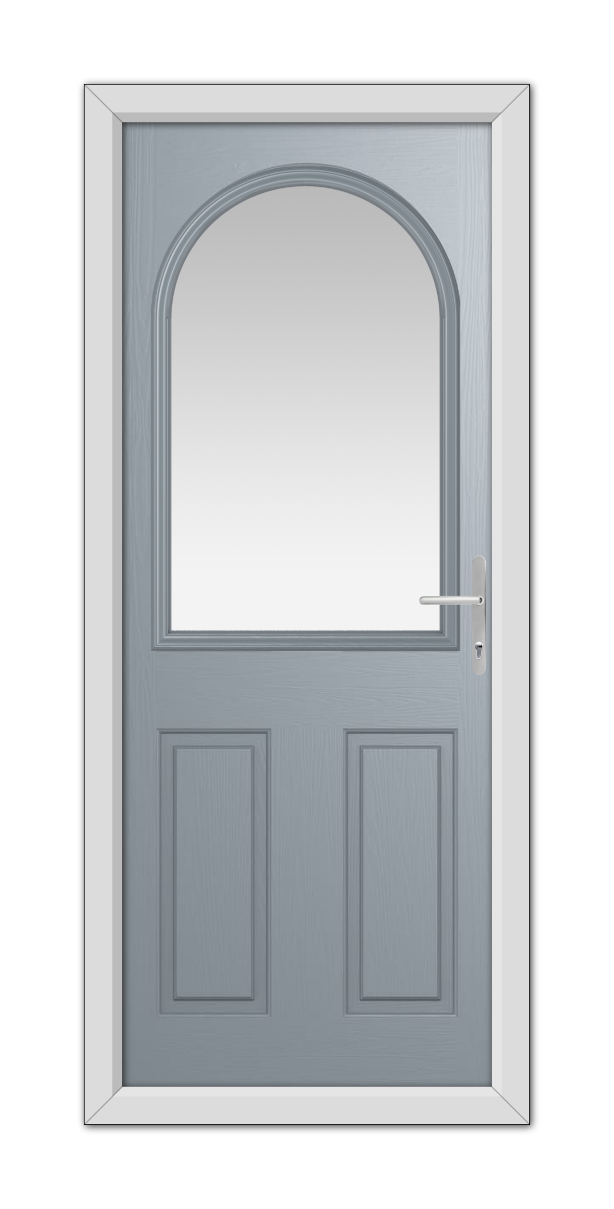 A French Grey Grafton Composite Door 48mm Timber Core with an arched top window, metal handle, and white frame isolated on a white background.