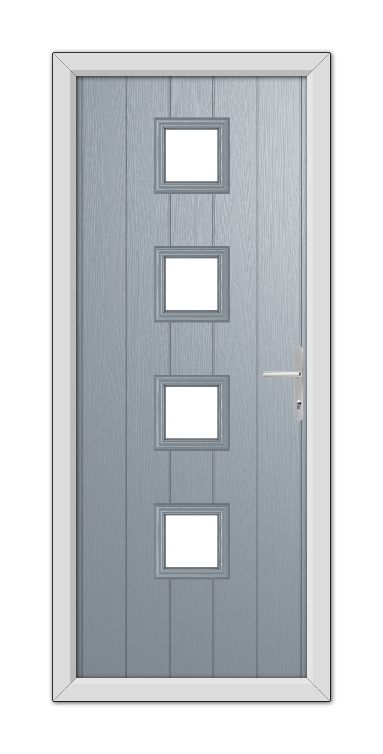 French Grey Hamilton Composite Door 48mm Timber Core with four rectangular glass panels and a metallic handle, set within a white frame.