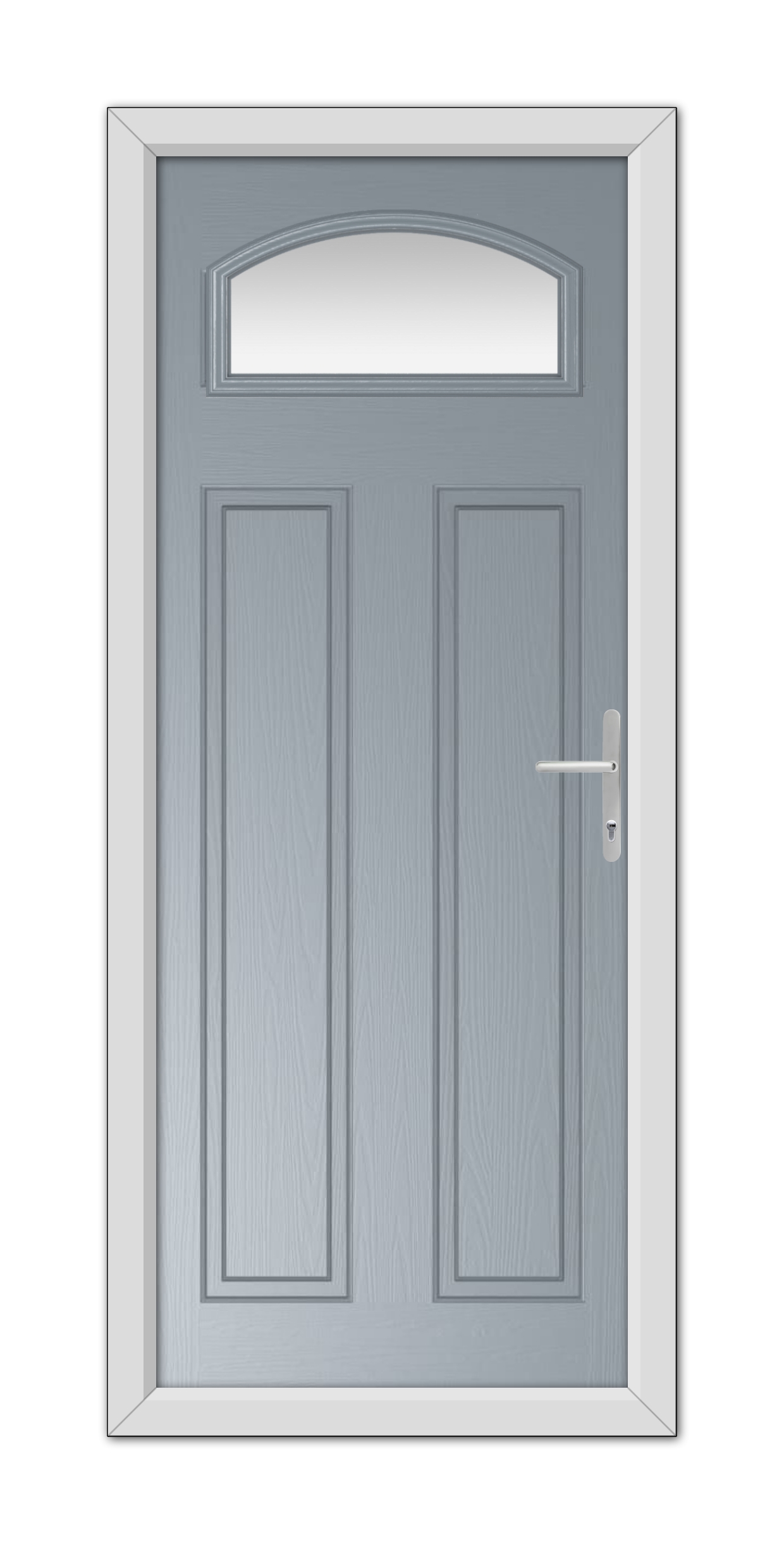 A modern French Grey Harlington Composite Door 48mm Timber Core with a white frame, featuring a semi-circular transom window and a metal handle on the right side.