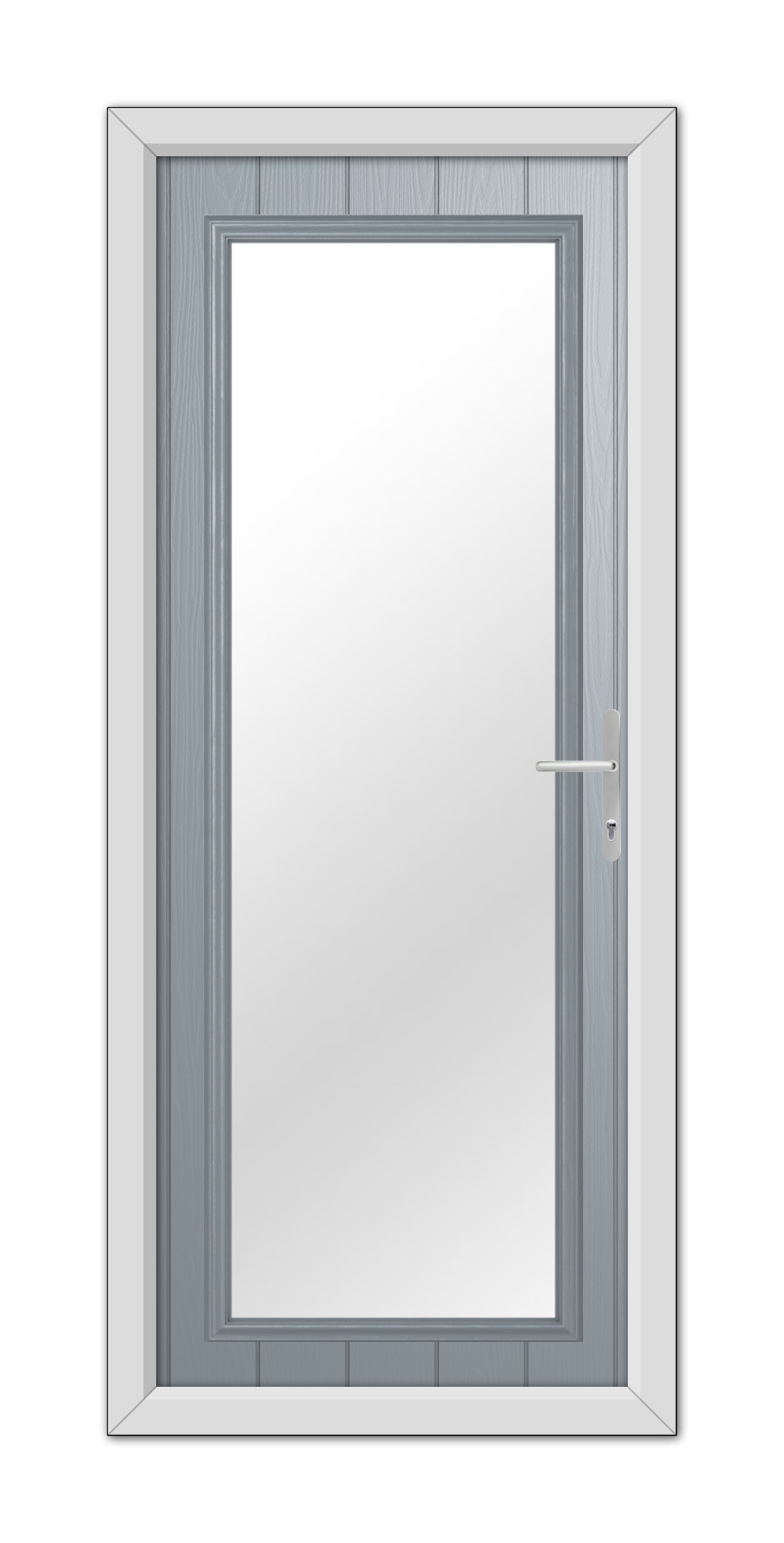A modern French Grey Hatton Composite Door with a vertical handle, set within a white frame.