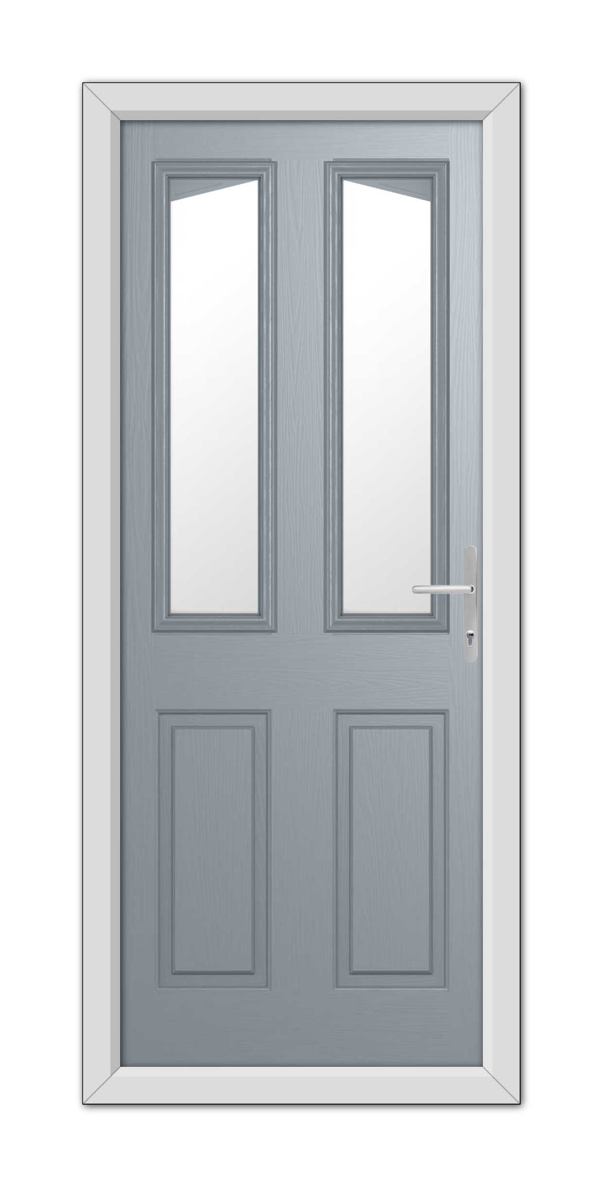 A modern French Grey Highbury Composite Door 48mm Timber Core with vertical glass panels and a metallic handle, set in a white frame.