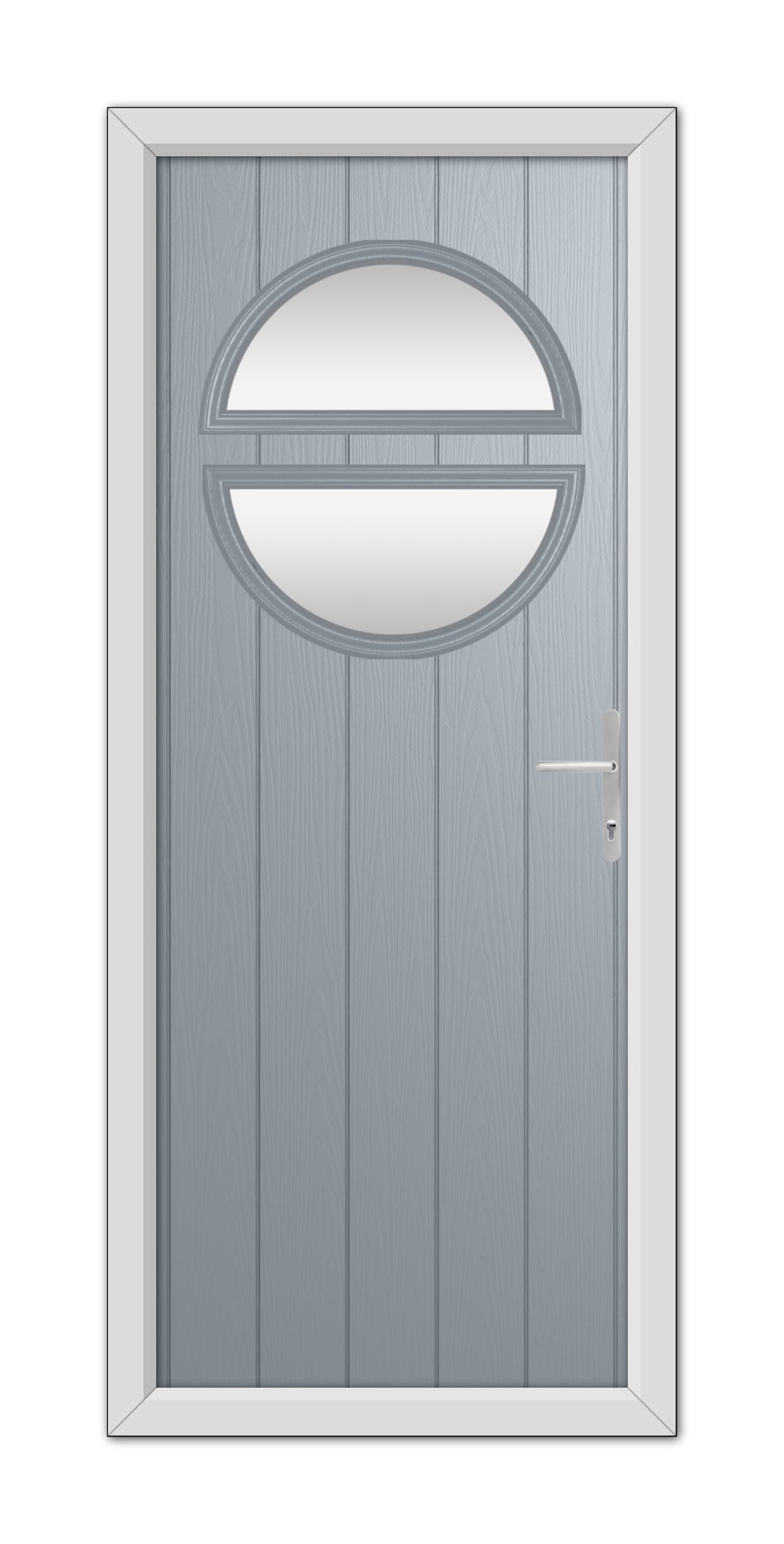 A modern French Grey Kent Composite Door 48mm Timber Core with a horizontal oval-shaped frosted glass window and a silver handle.