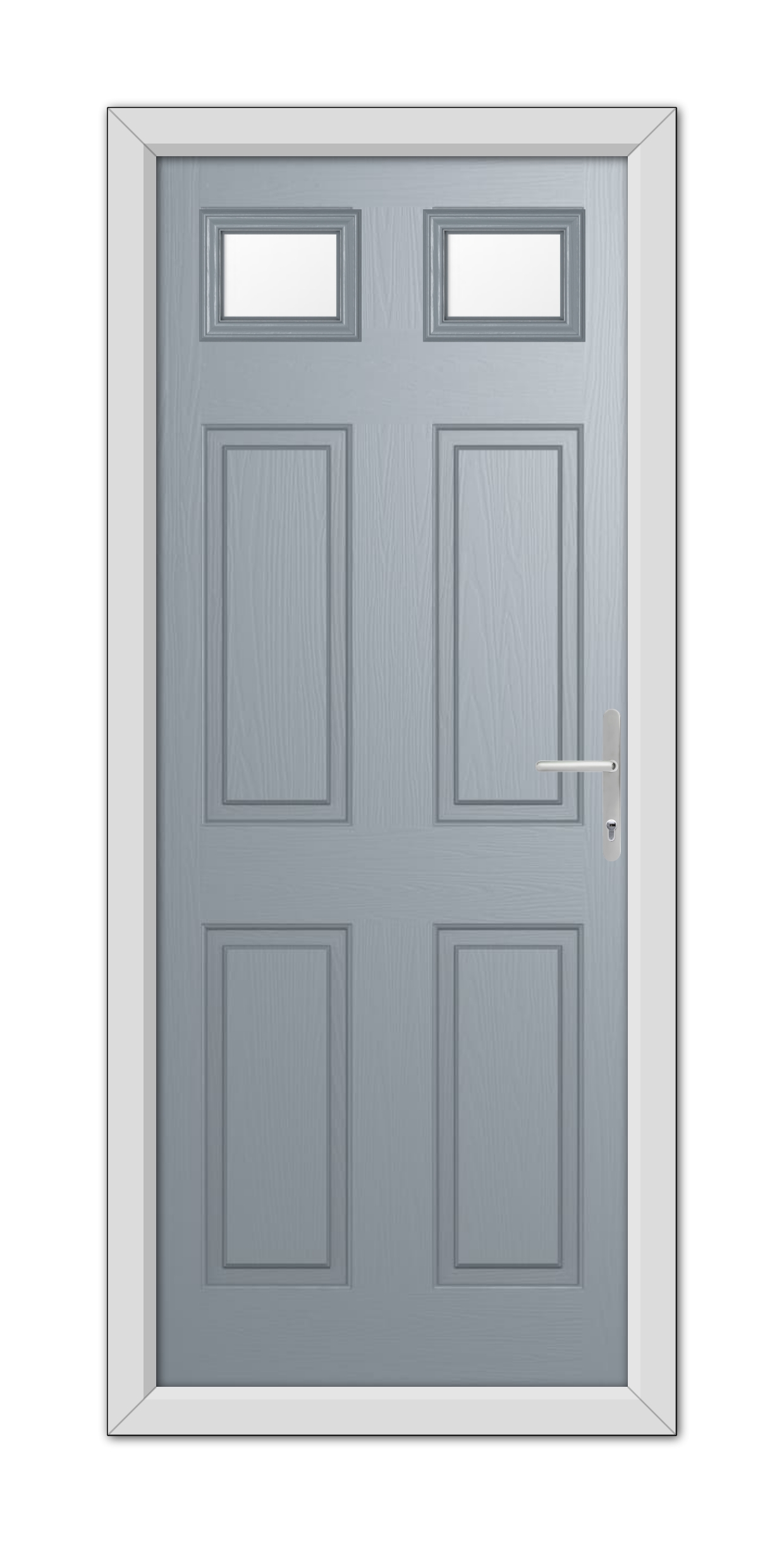 A French Grey Middleton Glazed 2 Composite Door featuring six panels and three small rectangular windows at the top, set in a white frame with a metallic handle on the right.