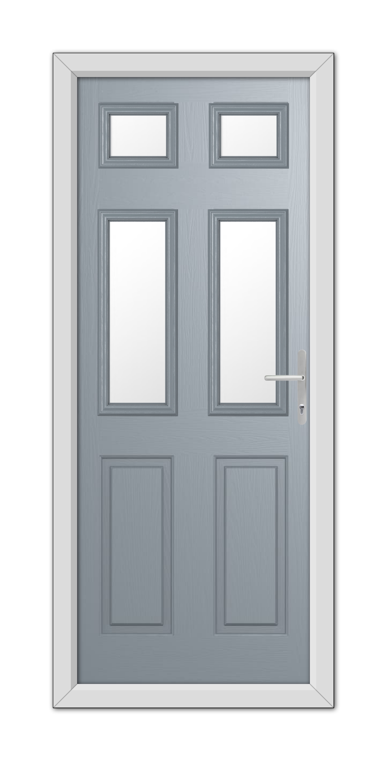 A modern French Grey Middleton Glazed 4 Composite Door 48mm Timber Core featuring a silver handle, with four rectangular frosted glass panels arranged symmetrically.