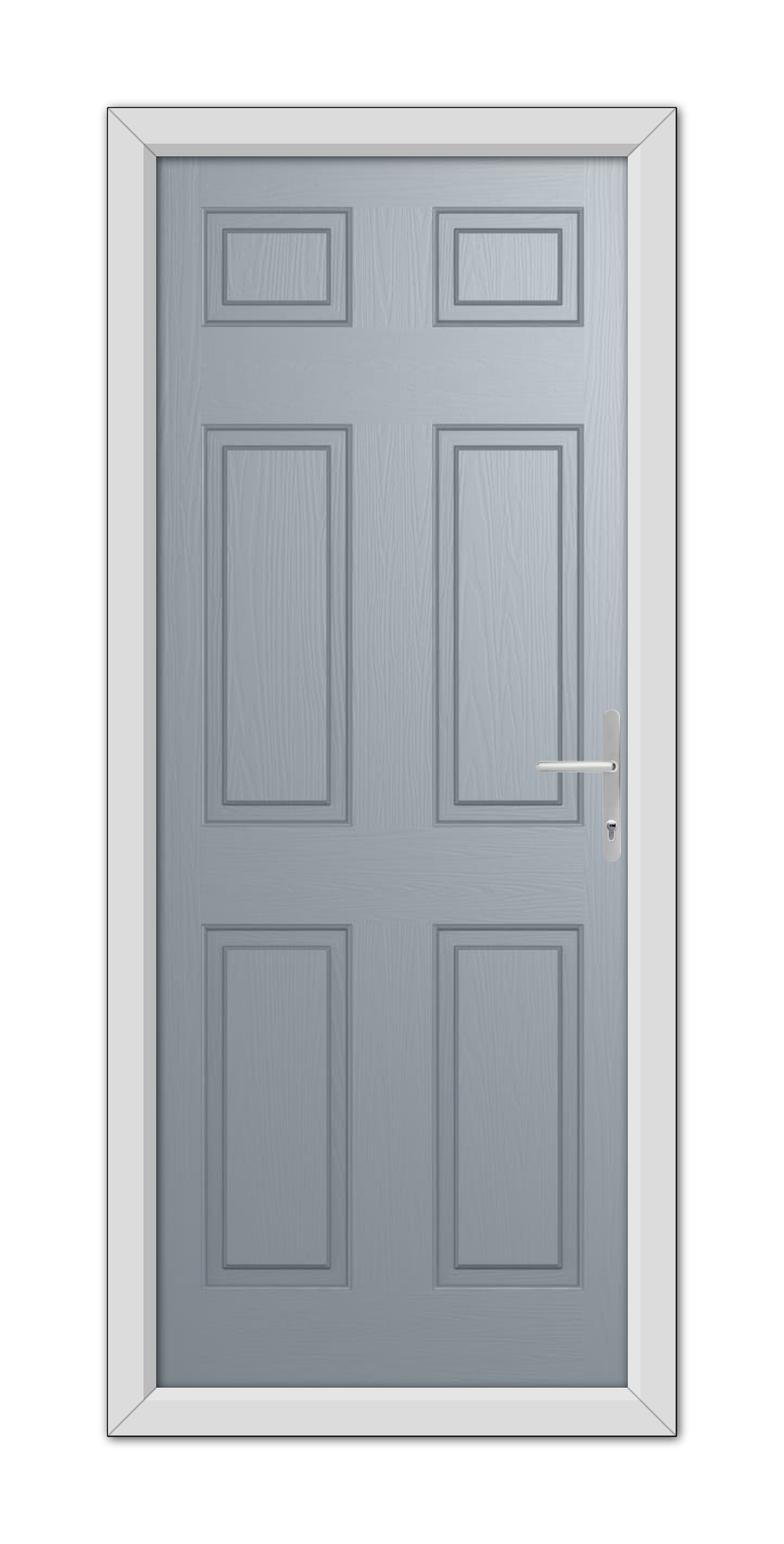 A French Grey Middleton Solid Composite Door with six rectangular panels and a silver handle, set within a white frame.
