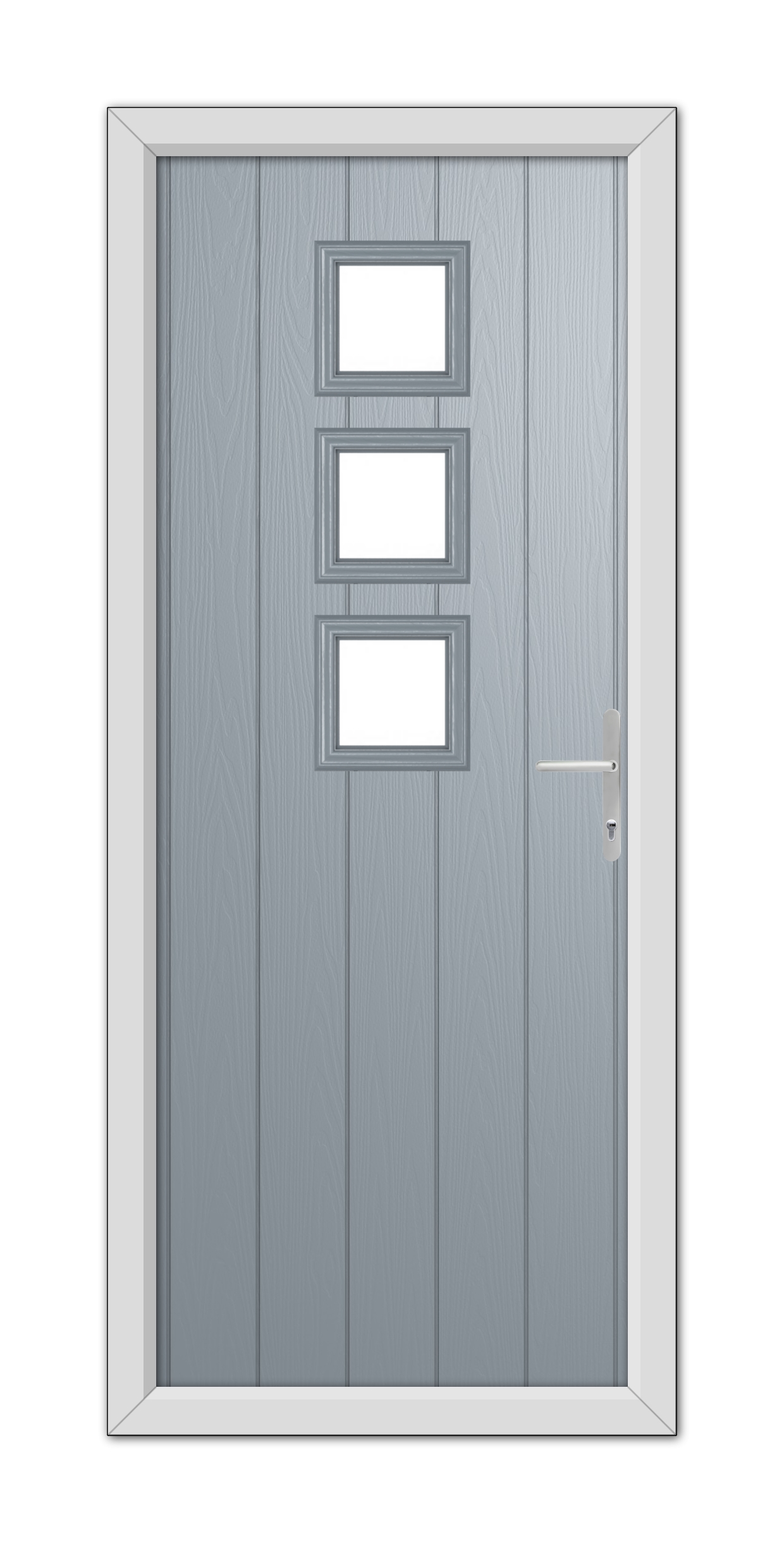 A French Grey Montrose Composite Door 48mm Timber Core with three rectangular glass panels and a silver handle, set within a white frame.