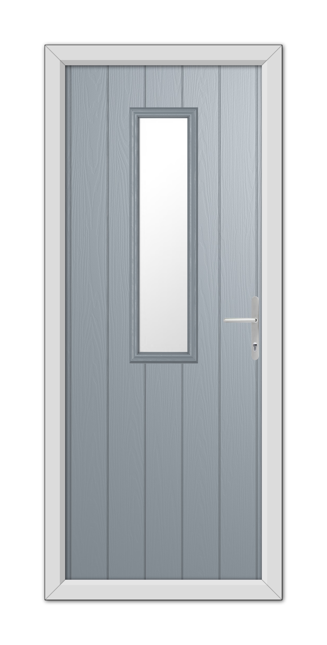 A modern French Grey Mowbray Composite Door with a vertical rectangular window and a silver handle set in a white door frame.