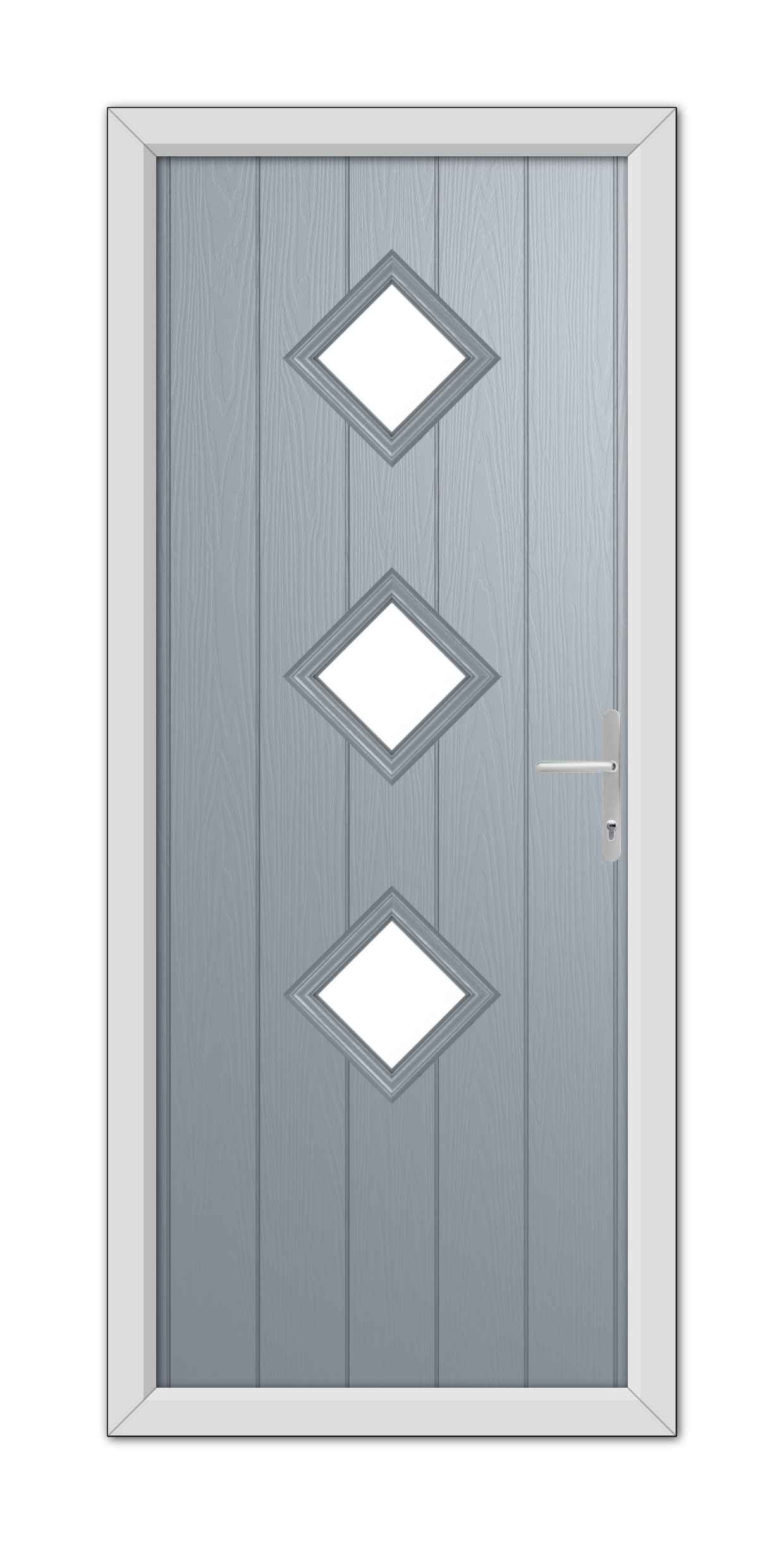 A modern French Grey Richmond Composite Door 48mm Timber Core with three diamond-shaped windows and a steel handle, set in a white frame.