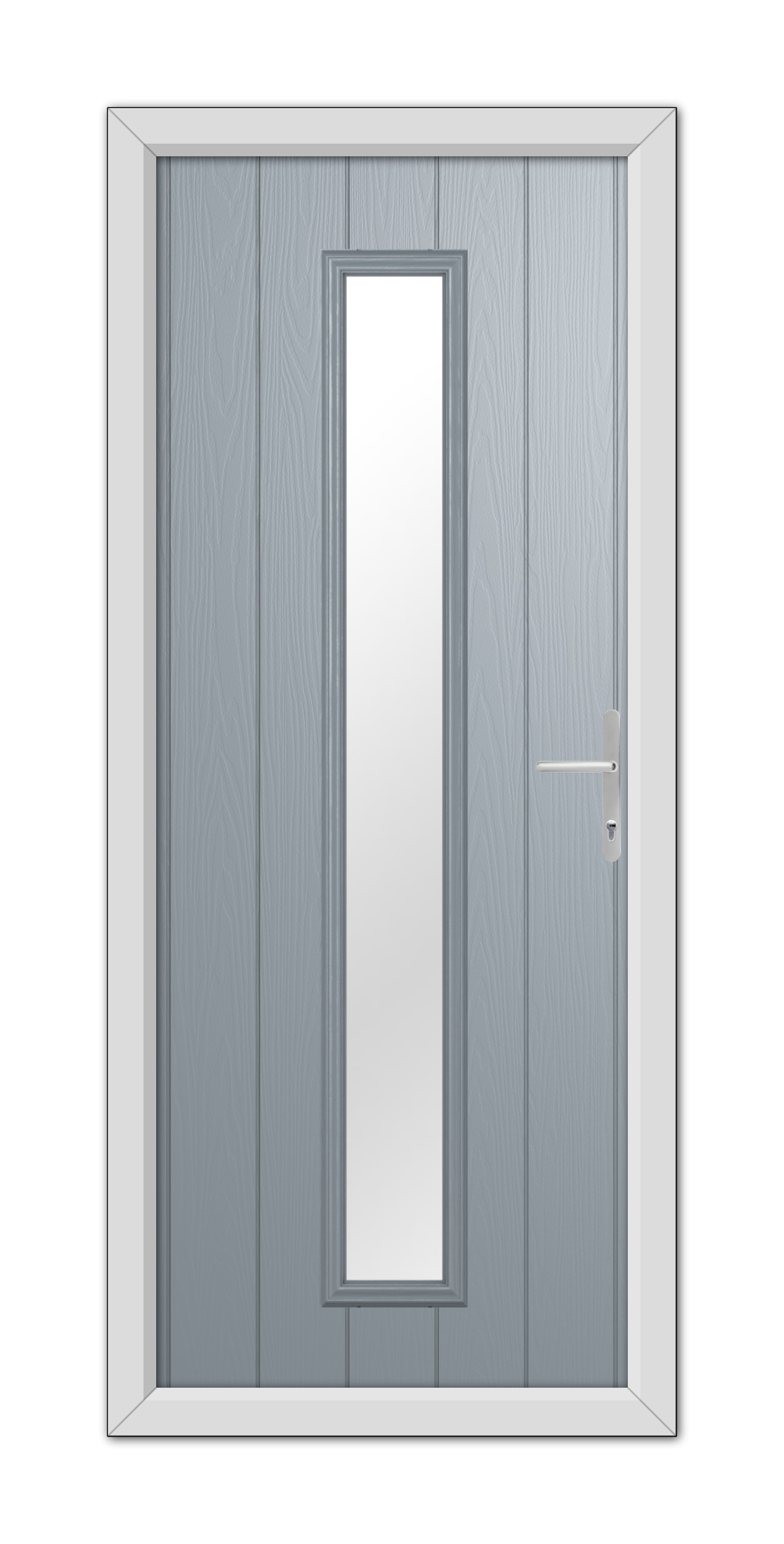 A French Grey Rutland Composite Door 48mm Timber Core with a vertical rectangular window and a metallic handle, set within a white frame.
