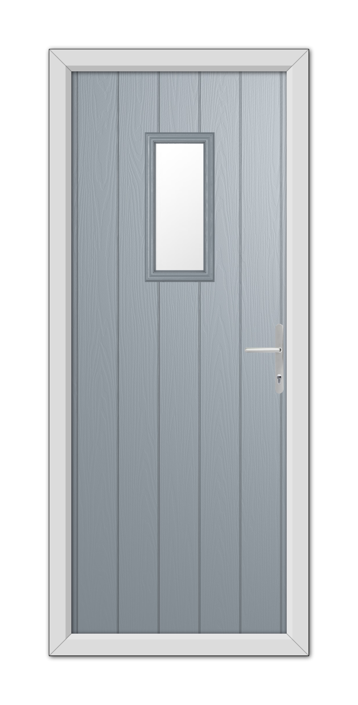A French Grey Somerset Composite Door 48mm Timber Core featuring a vertical wood grain pattern, equipped with a silver handle and a small square window, set within a white frame.