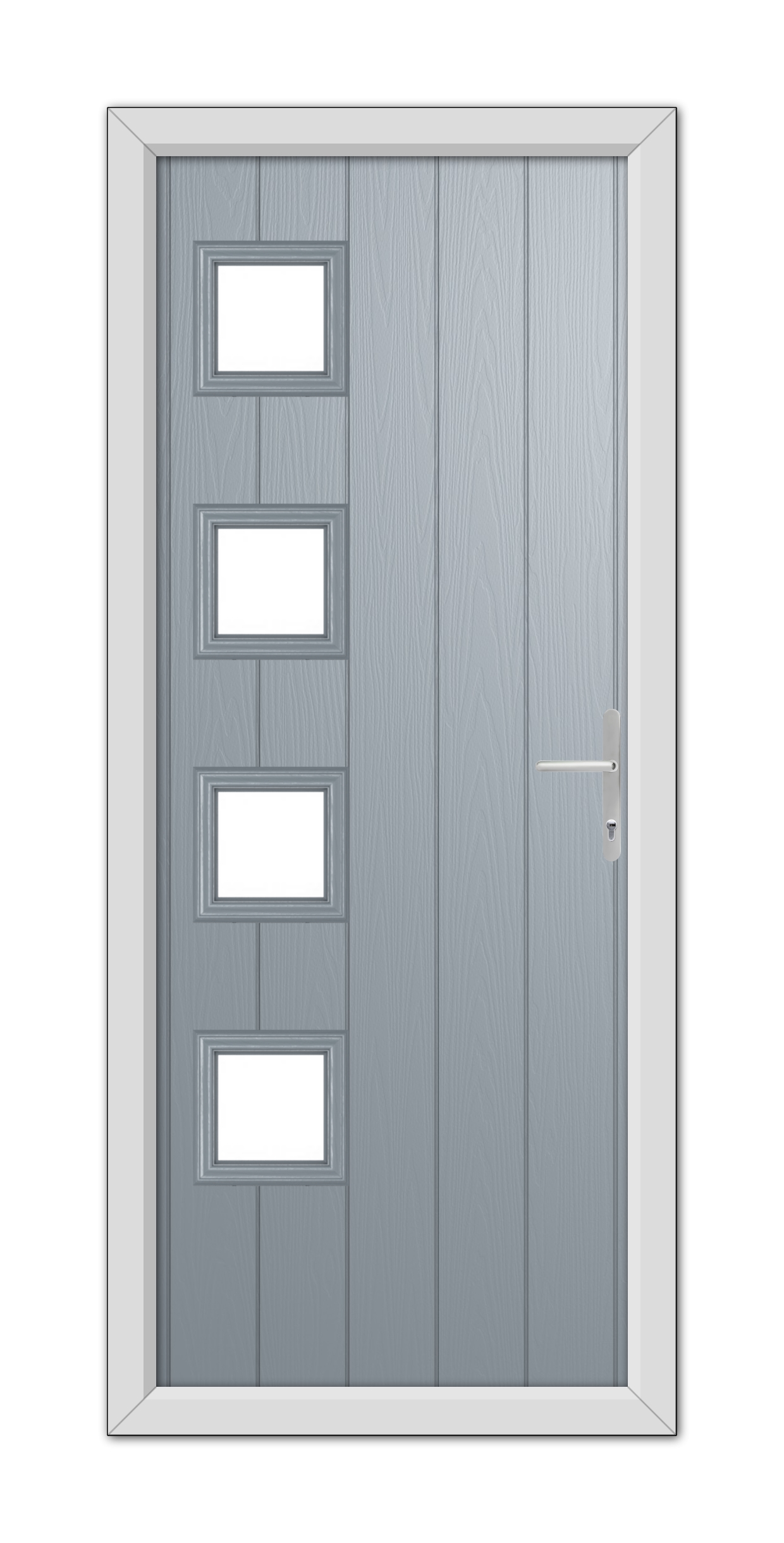 A French Grey Sussex Composite Door featuring a vertical wood grain pattern with four rectangular glass panels and a silver handle, set in a white frame.