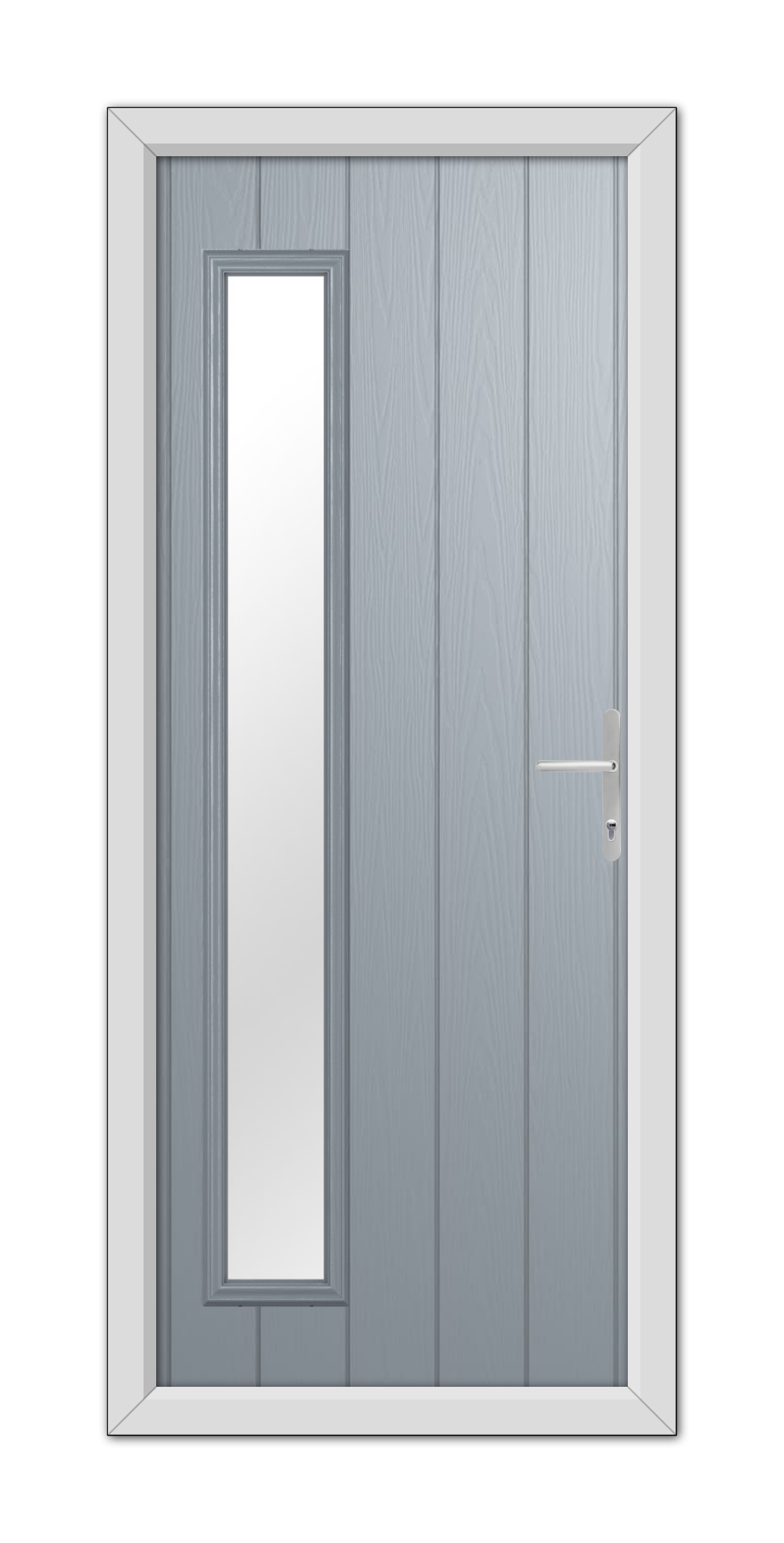 A French Grey Sutherland Composite Door with a vertical glass panel on the left side, featuring a metallic handle, set within a white frame.