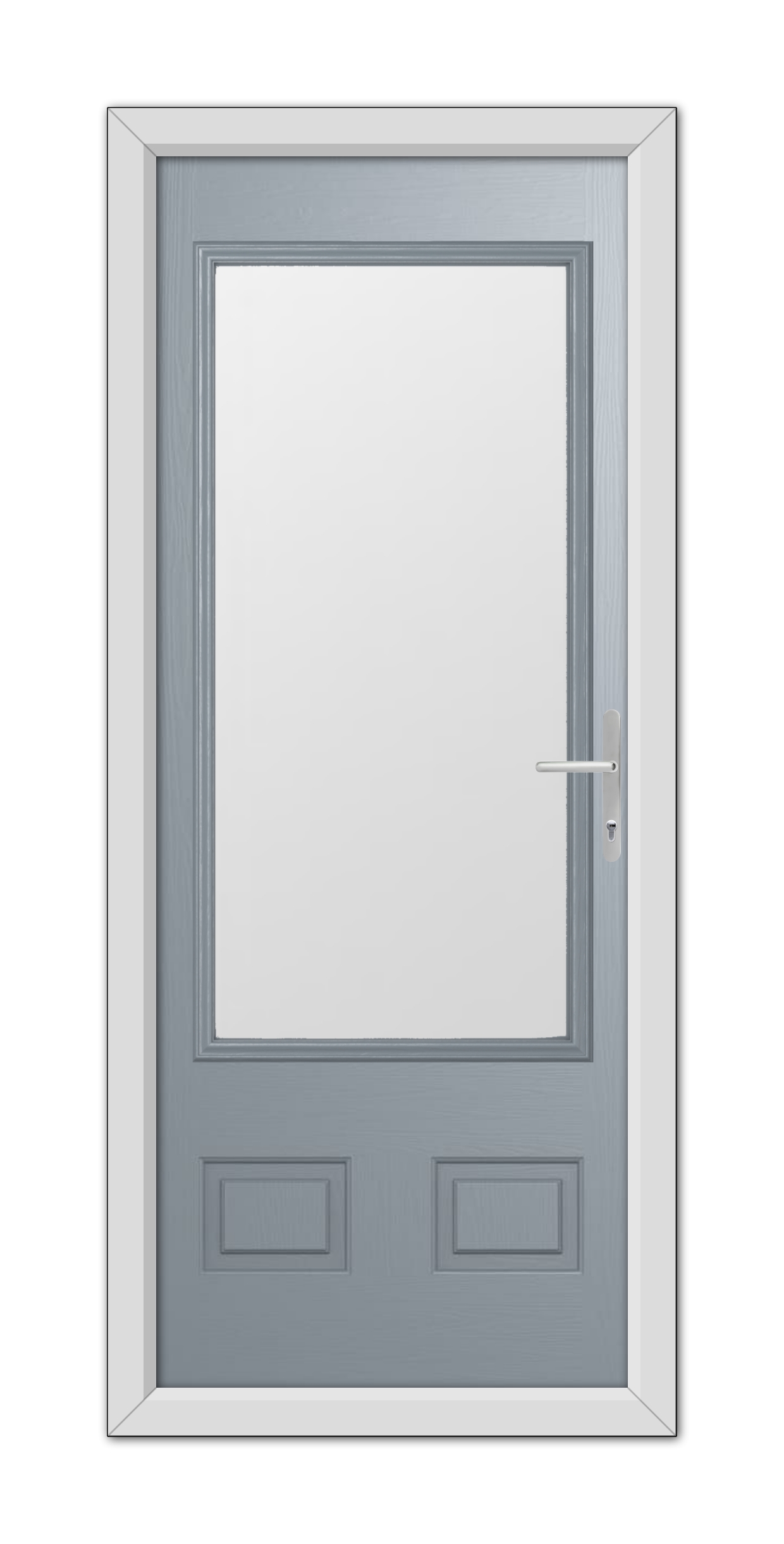 A French Grey Walcot Composite Door 48mm Timber Core with a silver handle, featuring a large central panel and two smaller bottom panels, set in a white frame.