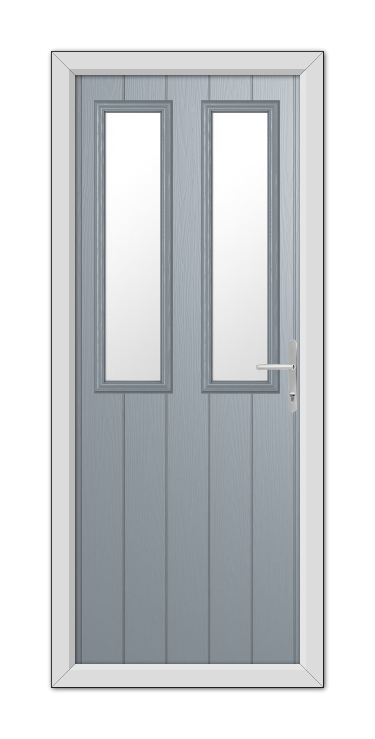 French Grey Wellington Composite Door 48mm Timber Core with a long rectangular glass windows, featuring a modern handle on the right side.
