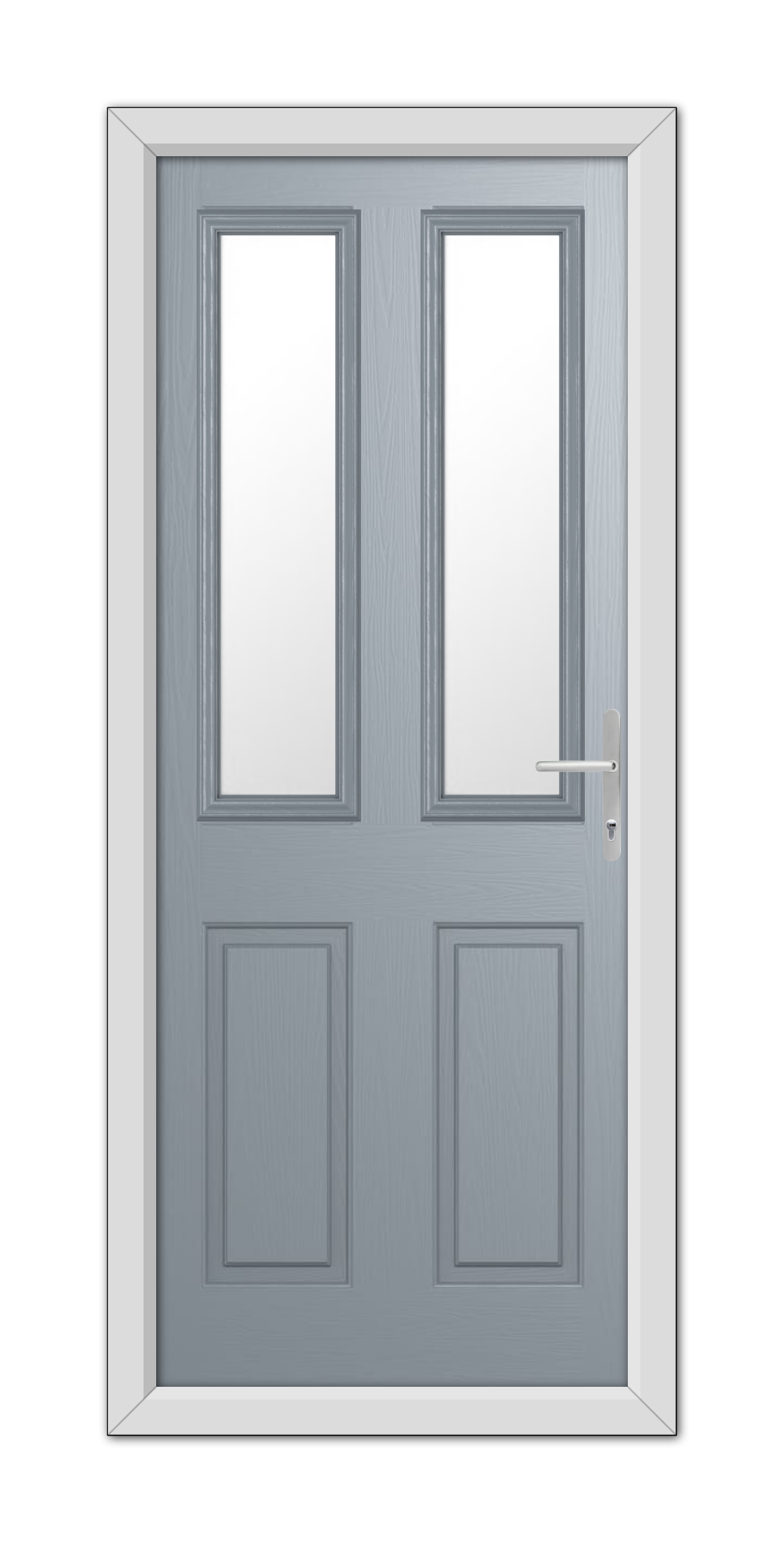 A French Grey Whitmore Composite Door 48mm Timber Core with frosted glass panels and a silver handle, set in a white frame.