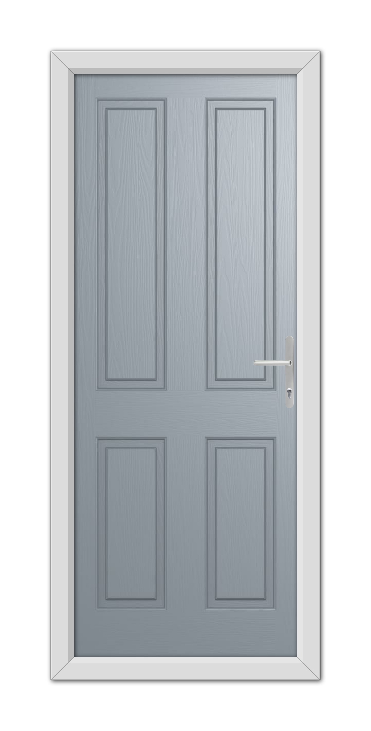 A modern French Grey Whitmore Solid Composite Door with six panels and a metallic handle, set within a white door frame.