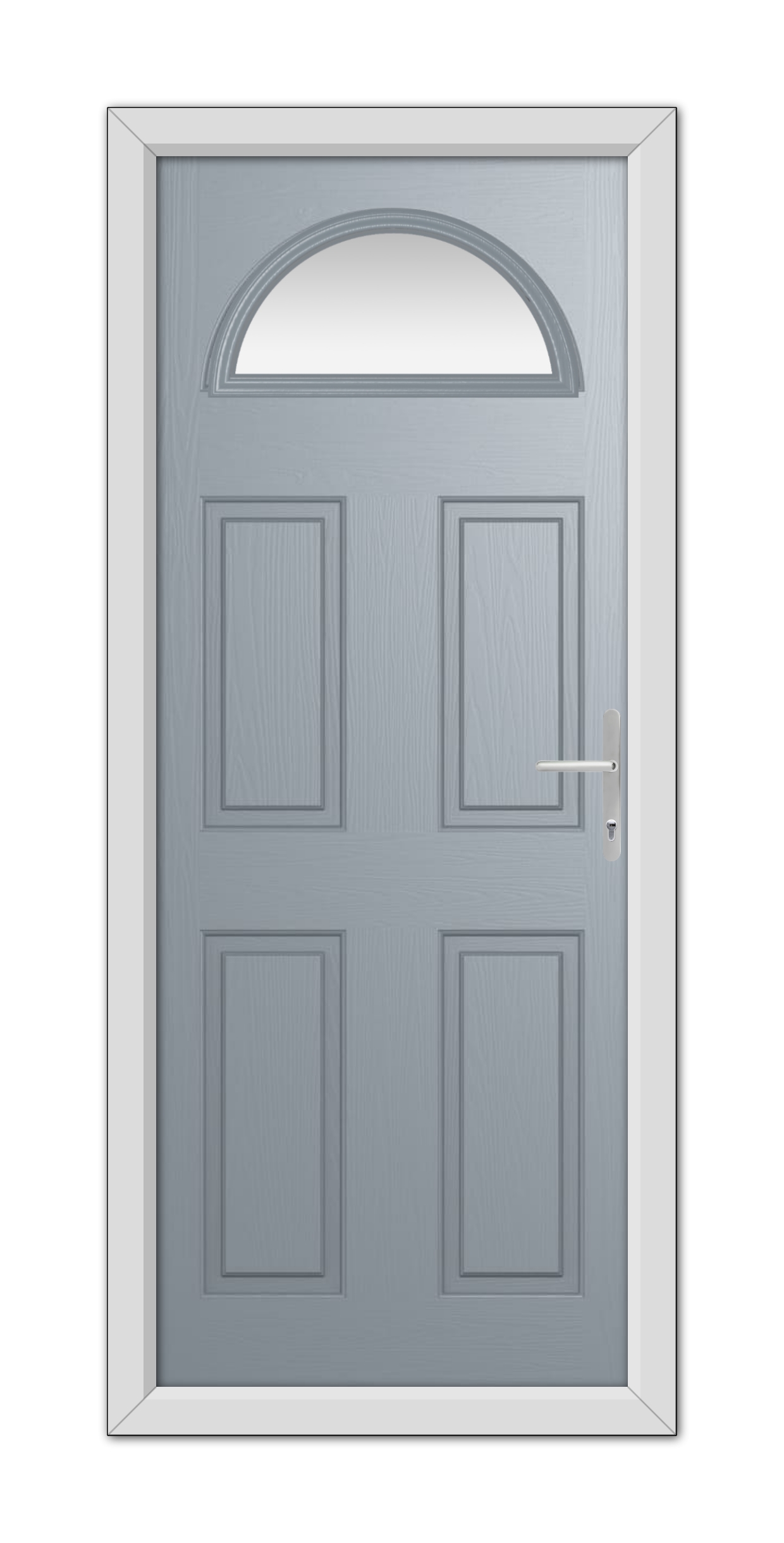 A modern French Grey Winslow 1 Composite Door 48mm Timber Core with six panels and a silver handle, framed by a white door frame with an arched window at the top.