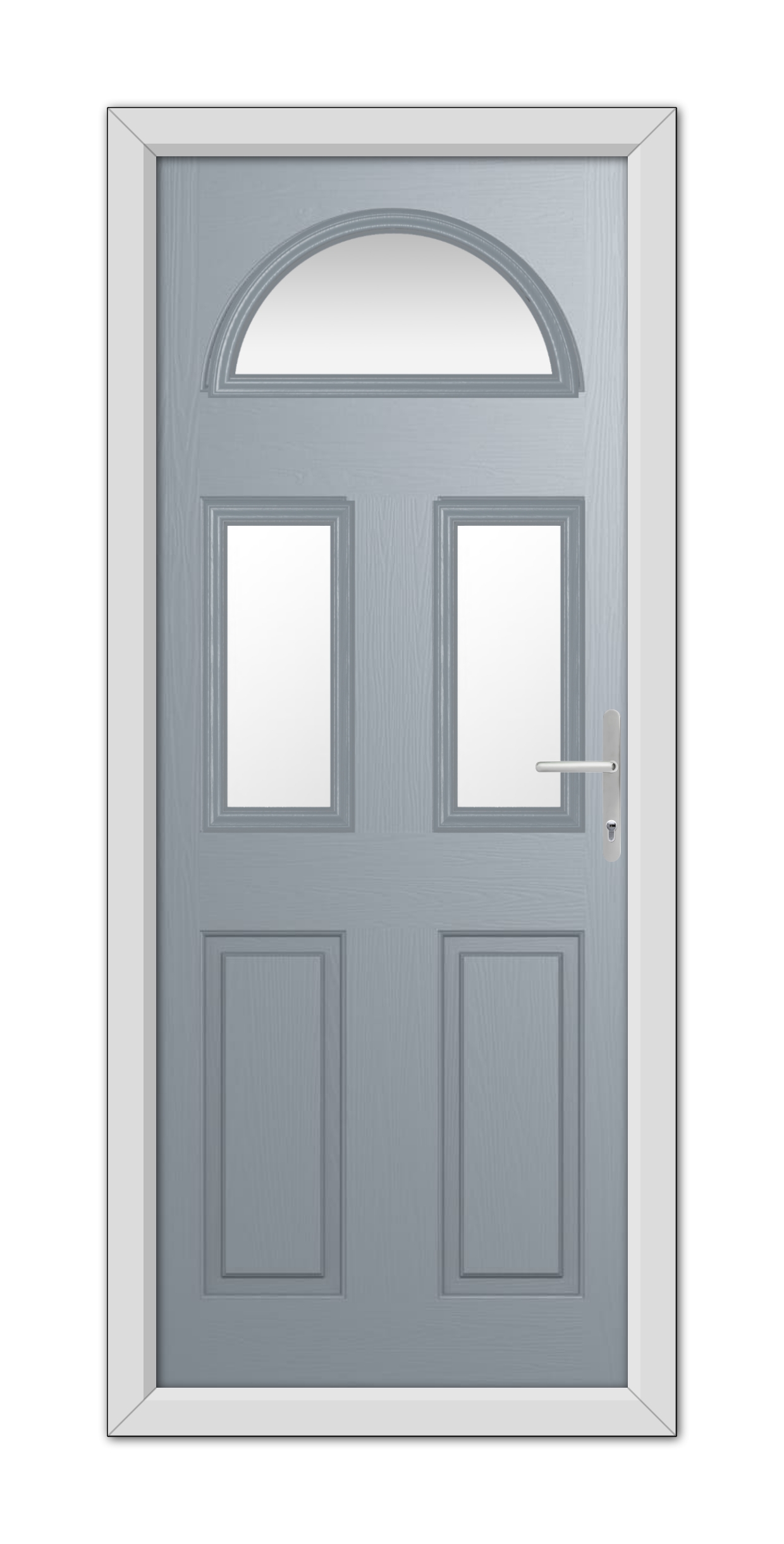 A French Grey Winslow 3 Composite Door 48mm Timber Core featuring an arched transom window at the top and two rectangular panel windows, equipped with a silver handle.