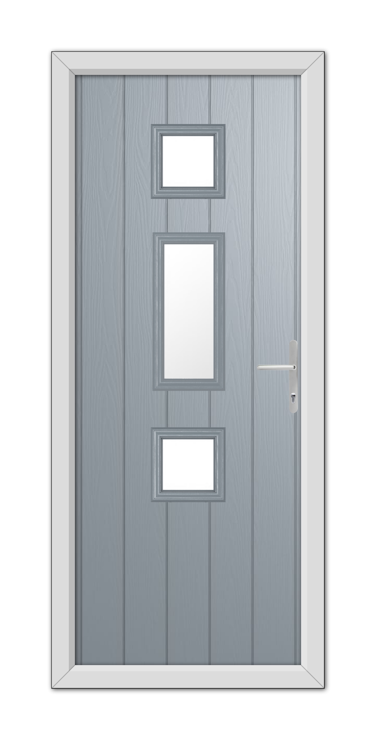 A modern French Grey York Composite Door 48mm Timber Core with three vertical glass panels and a metallic handle, set within a white door frame.