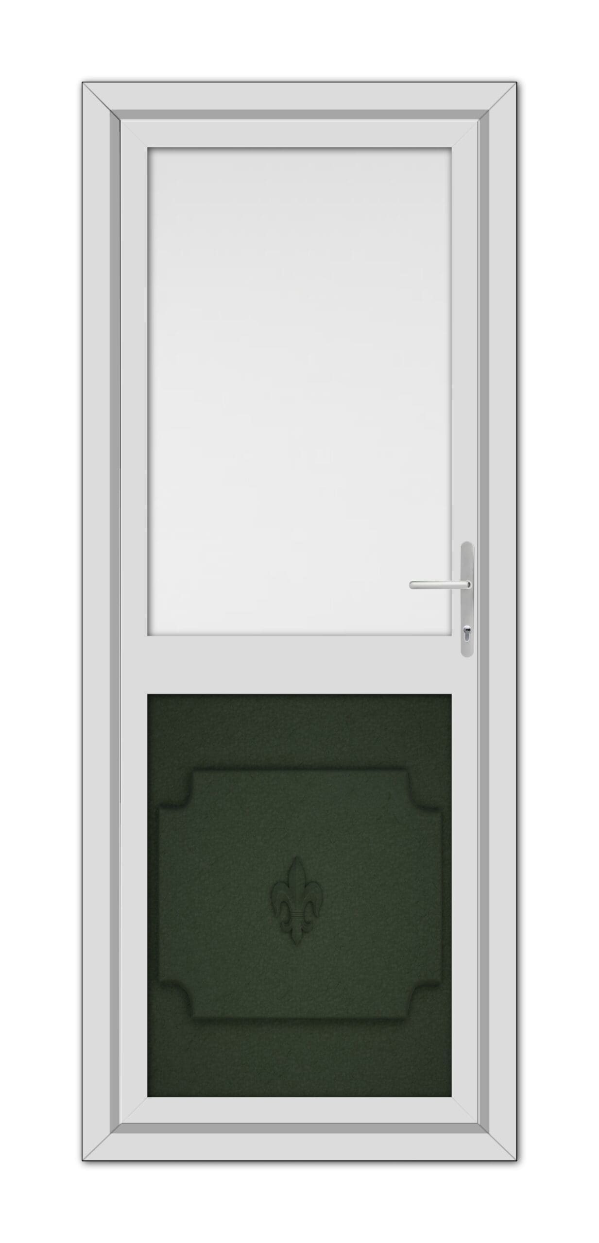 A modern Grey Abbey Half uPVC Back Door with a large square window on top and a decorative green panel with a fleur-de-lis design at the bottom, featuring a silver handle on the right.