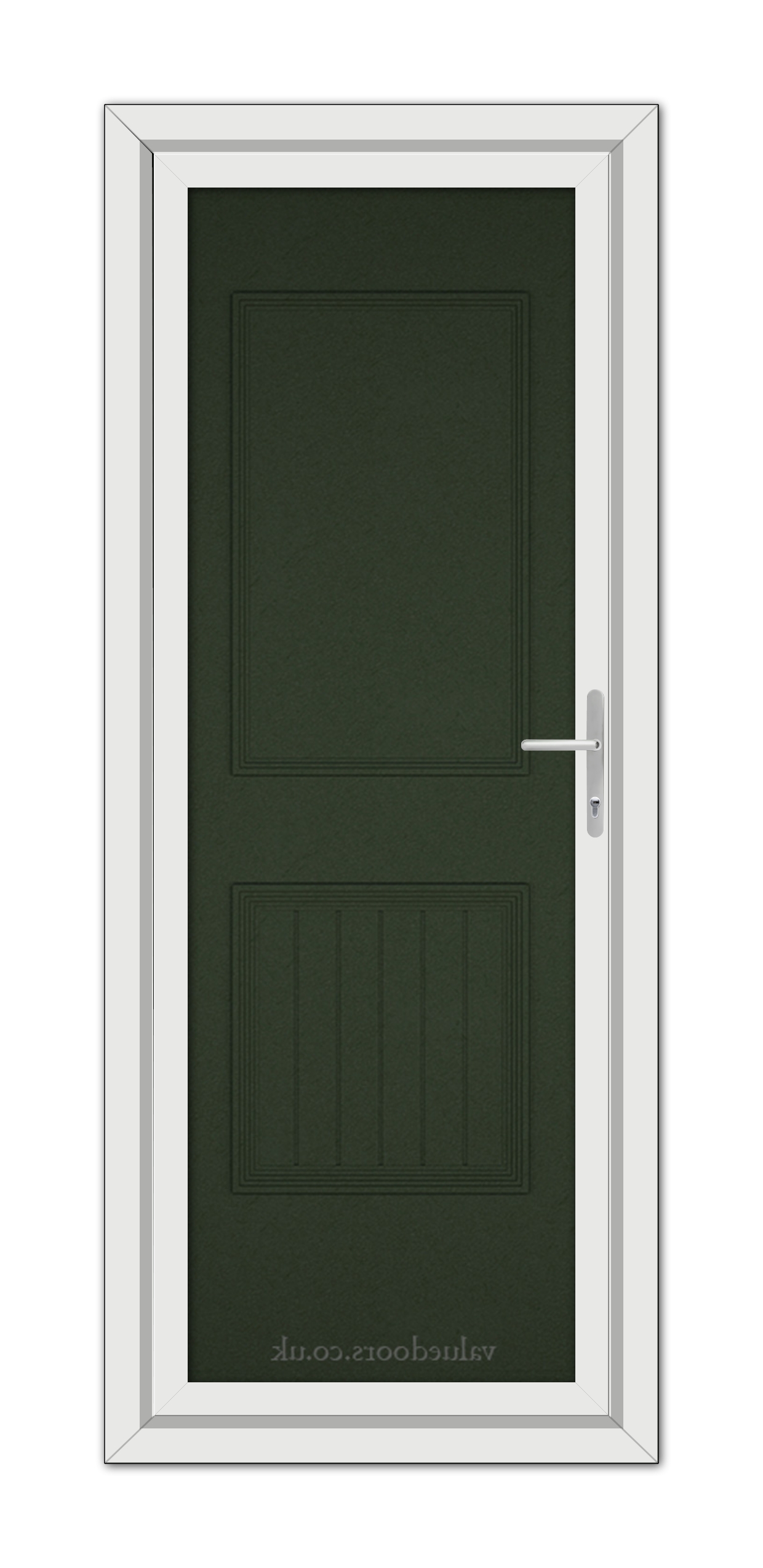 A vertical image of a closed Green Alnwick One Solid uPVC door with a silver handle, set within a white door frame. The door has two recessed panels.