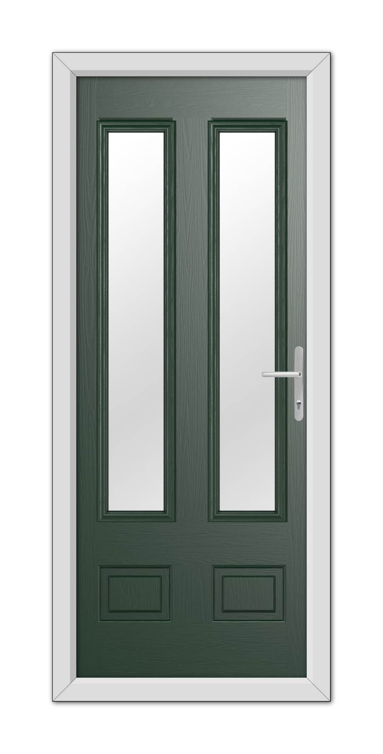 Green Aston Glazed 2 Composite Door 48mm Timber Core with vertical rectangular glass panels, white frame, and a silver handle on the right side.