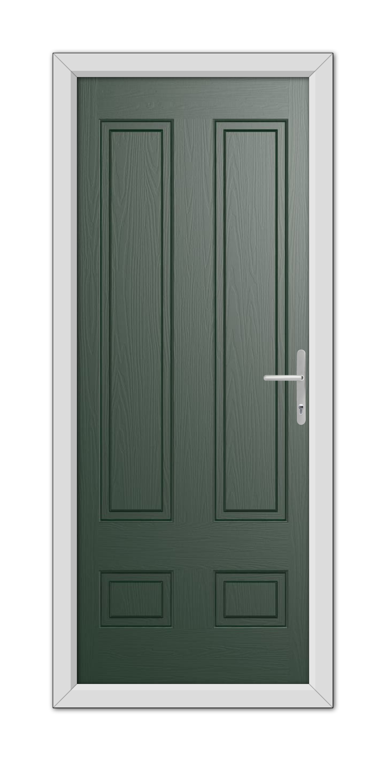 A double wooden door painted in Green Aston Solid Composite Door 48mm Timber Core, featuring a vertical four-panel design with a white handle, set in a white frame.