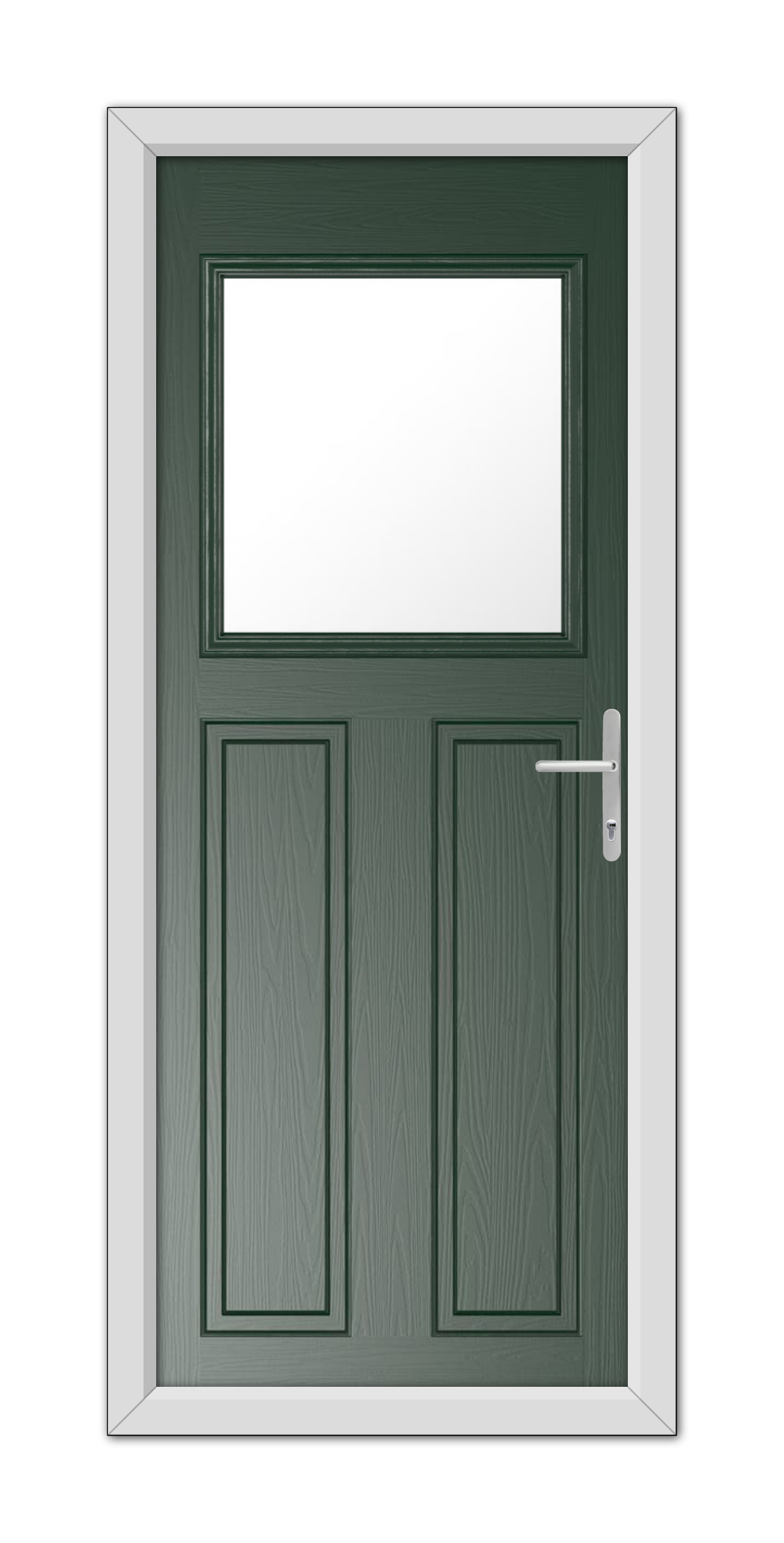 A Green Axwell Composite Door 48mm Timber Core with a large rectangular window at the top and a metal handle on the right, set within a white frame.