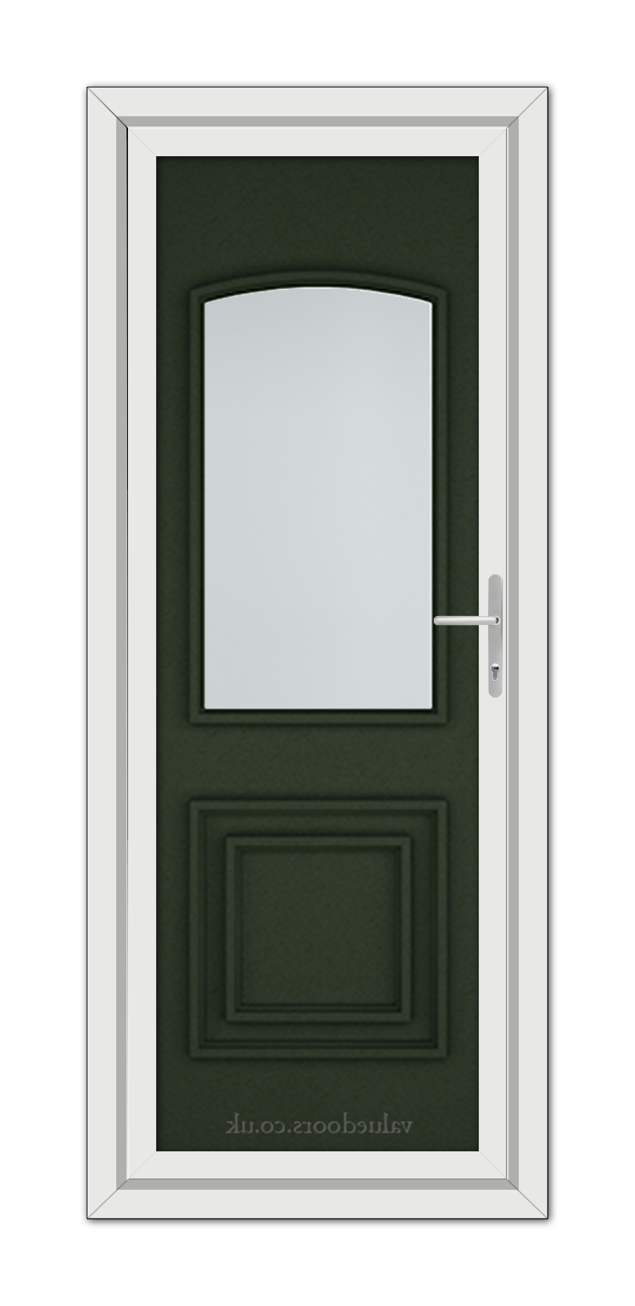 A Green Balmoral Classic uPVC door with a vertical rectangular window at the top, a decorative panel at the bottom, and a silver handle on the right, set within a white frame.