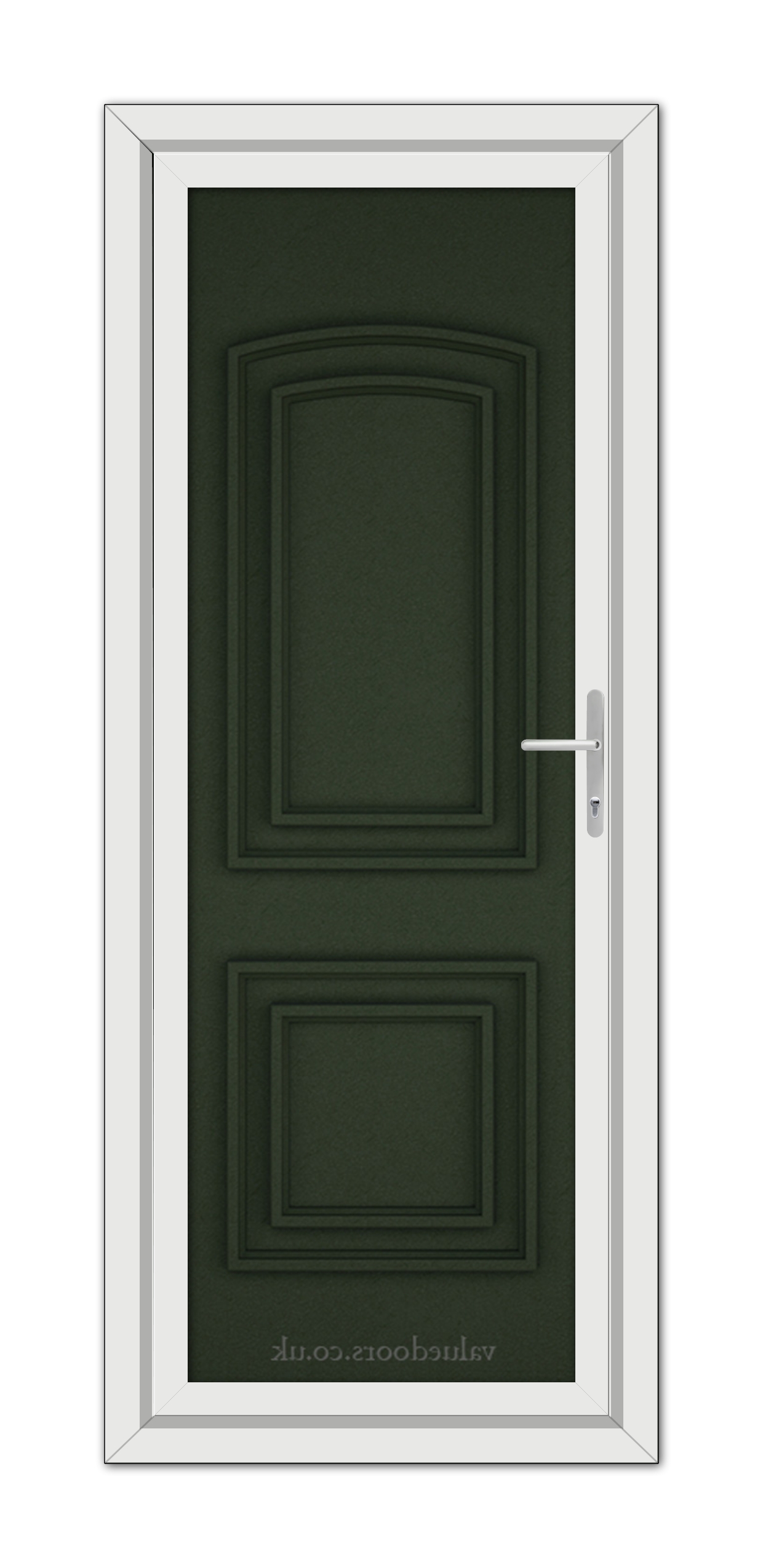 A vertical image of a closed Green Balmoral Solid uPVC Door with a white frame and a metallic handle, set within a light gray wall.
