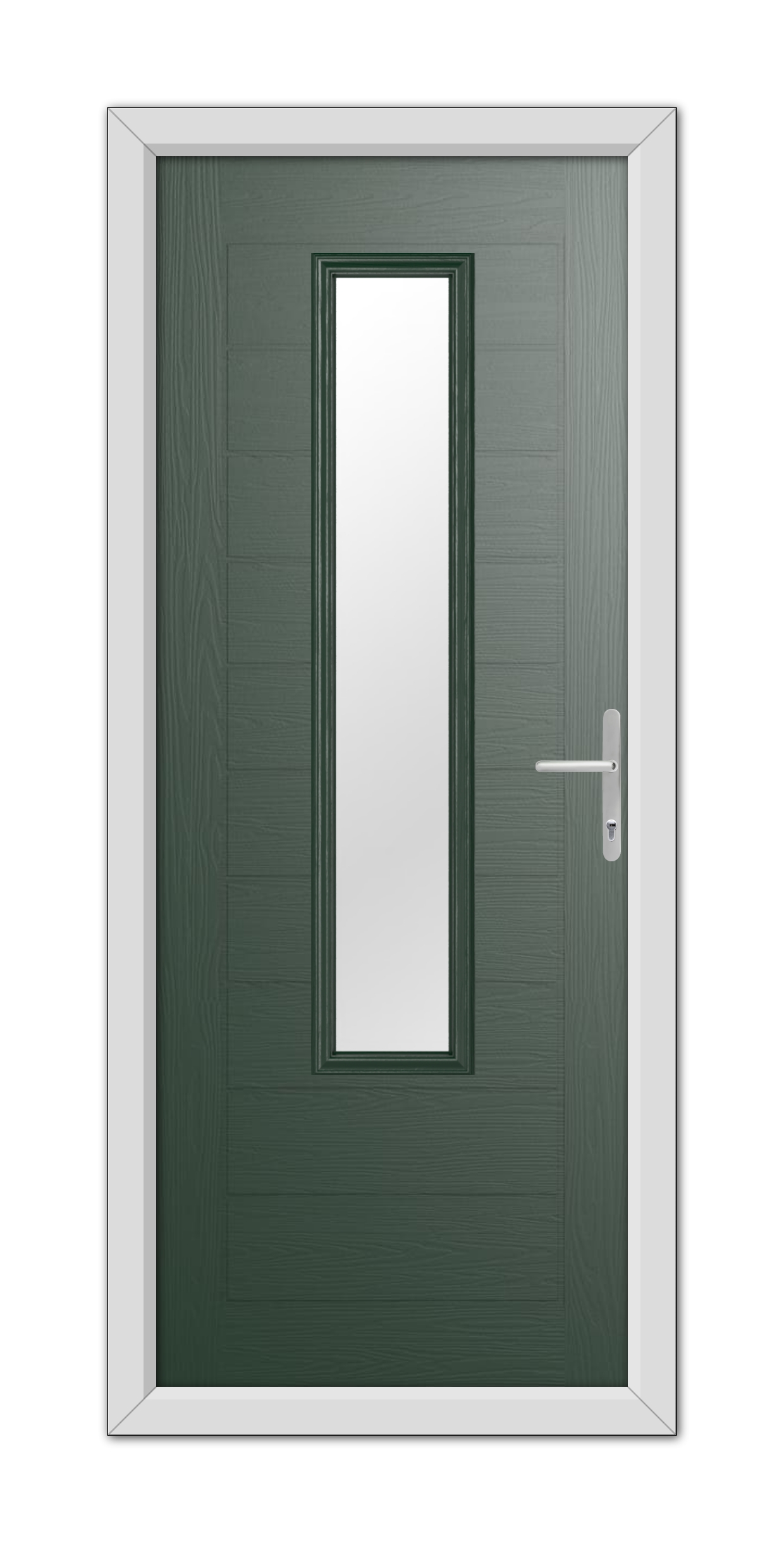 A Green Bedford Composite Door 48mm Timber Core with a vertical rectangular window and a white handle, set in a white frame.