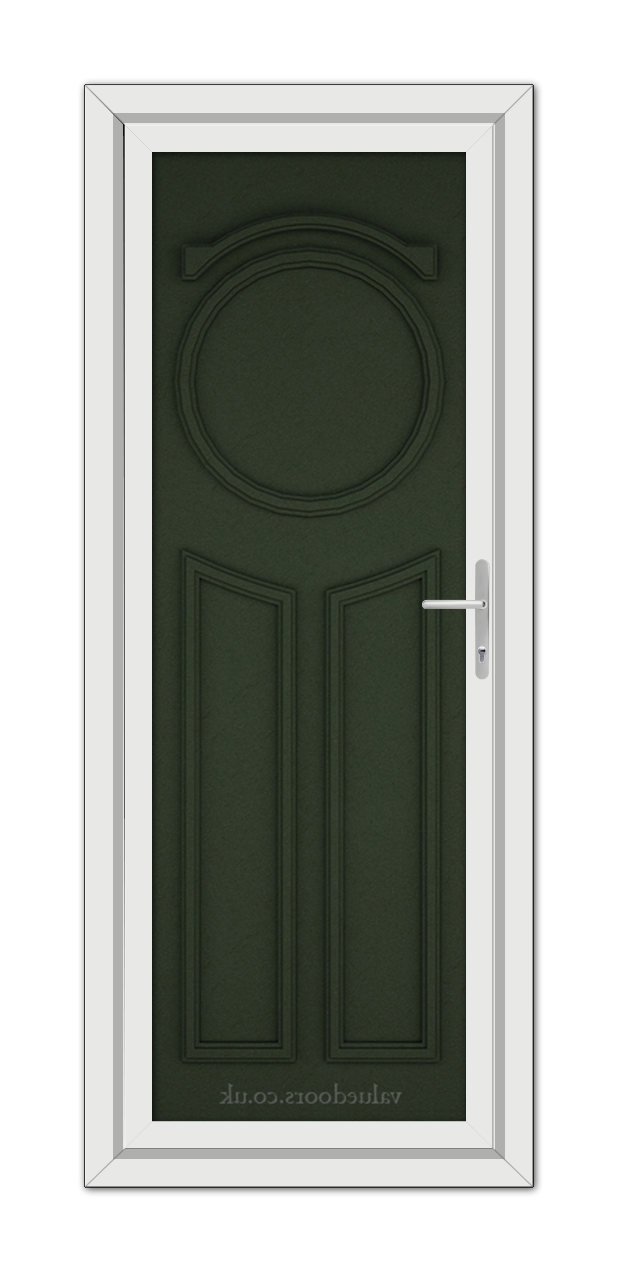 A vertical image of a Green Blenheim Solid uPVC Door with an oval window at the top, set within a white frame, featuring a modern handle on the right side.