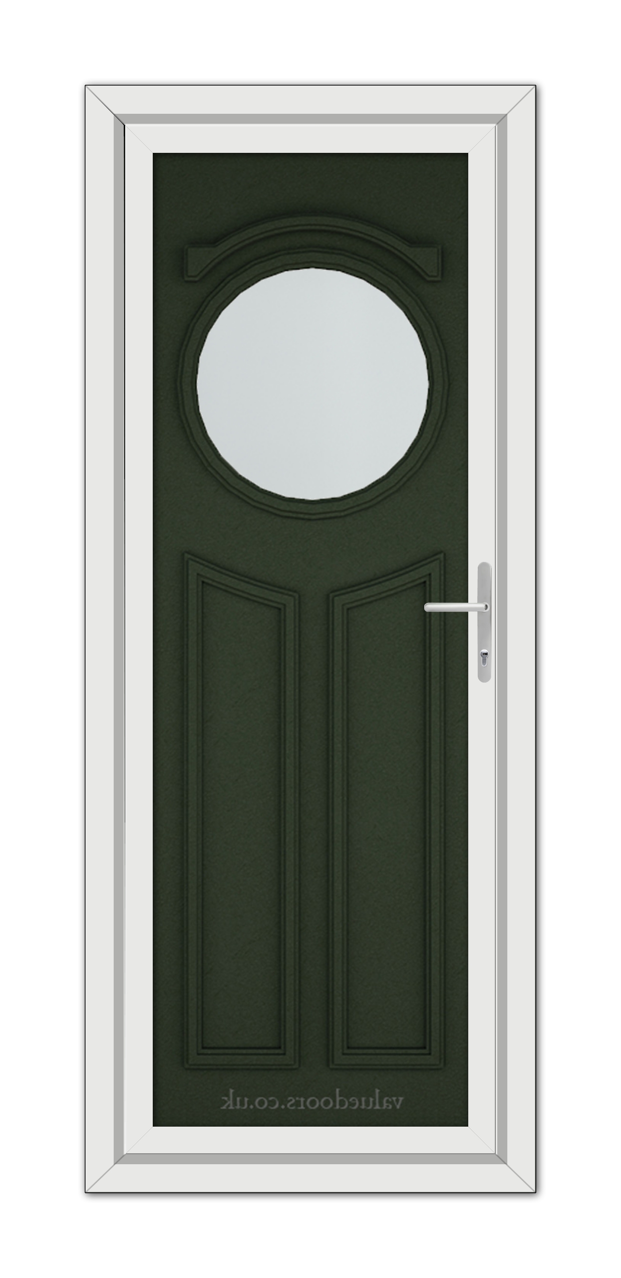 A Green Blenheim uPVC Door with an oval window at the top and a white frame, featuring a modern handle on the right side.
