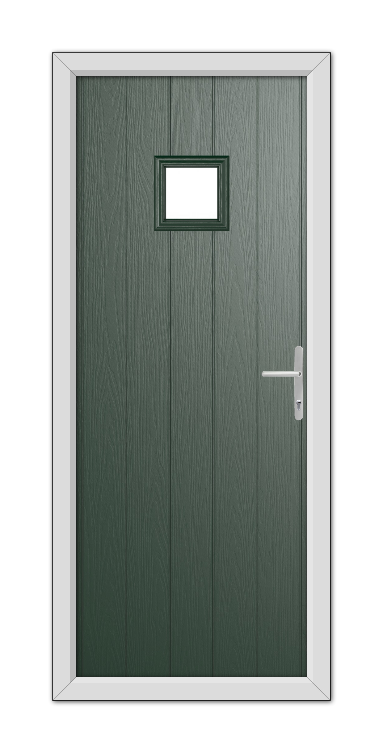 A Green Brampton Composite Door 48mm Timber Core with a small rectangular window at the top and a silver handle, set within a white door frame.