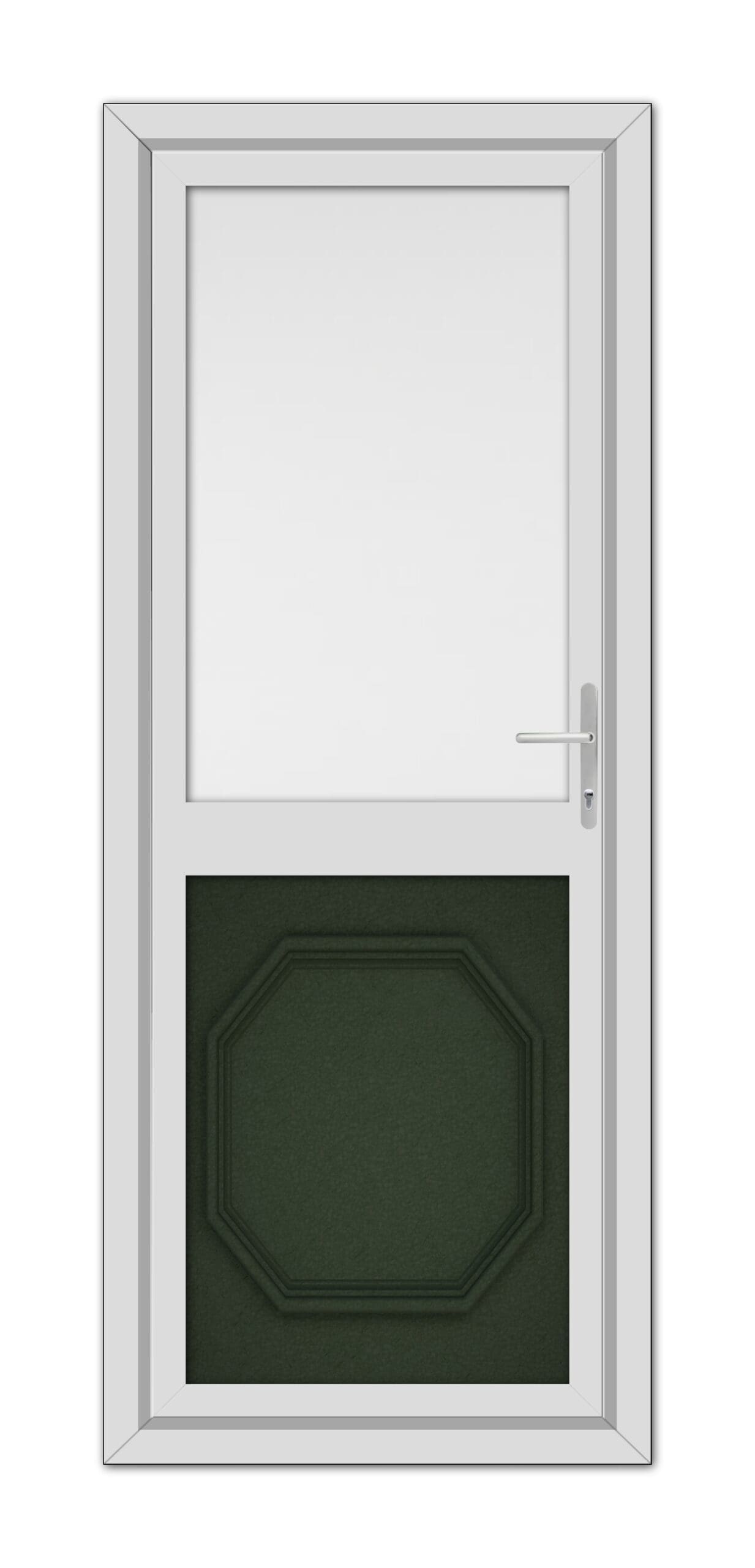 A modern Green Buckingham Half uPVC Back Door with a high window at the top and an octagonal, green panel at the bottom, featuring a metal handle on the right side.