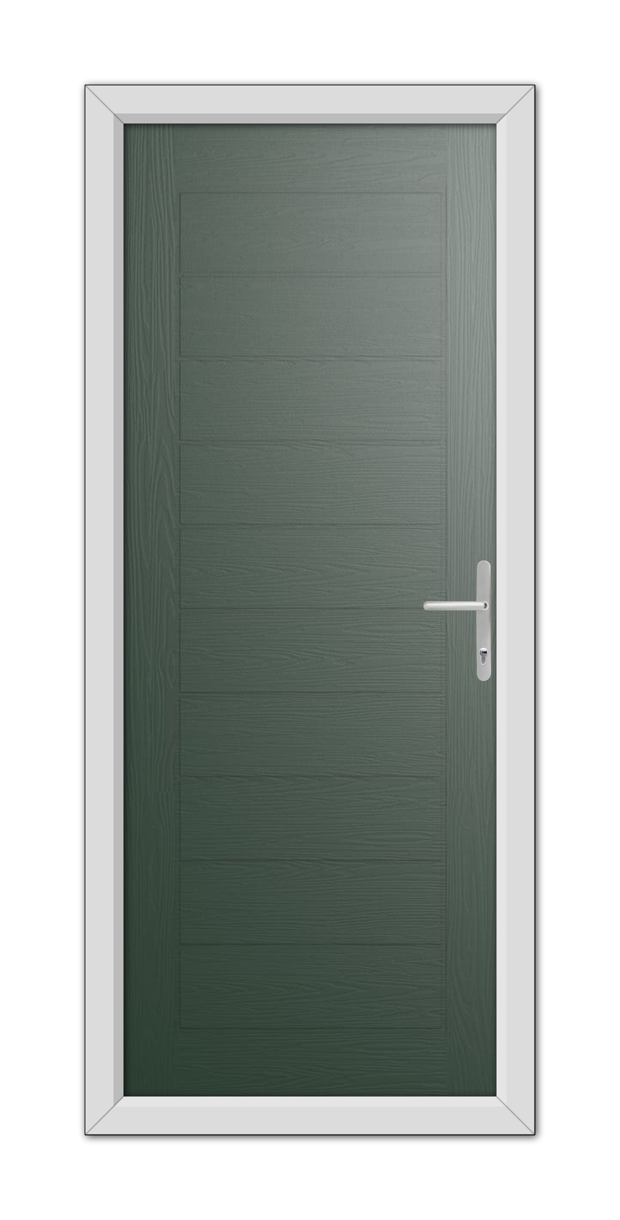 A Green Cambridge Composite Door 48mm Timber Core with a horizontal panel design installed in a white frame, featuring a modern silver handle on the right side.