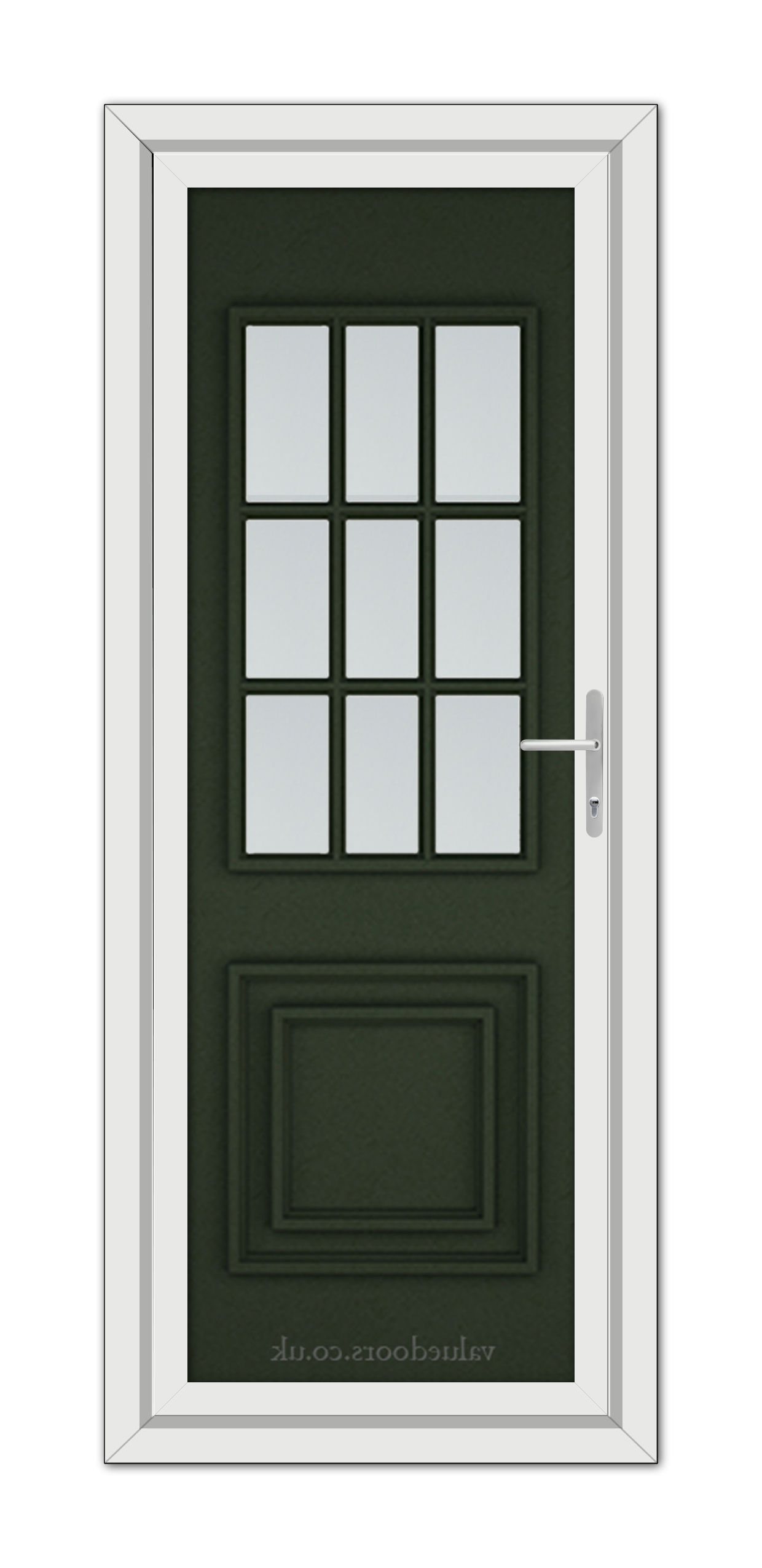 A vertical image of a Green Cambridge One uPVC Door with nine small, square glass panes, a metal handle, and a white door frame.