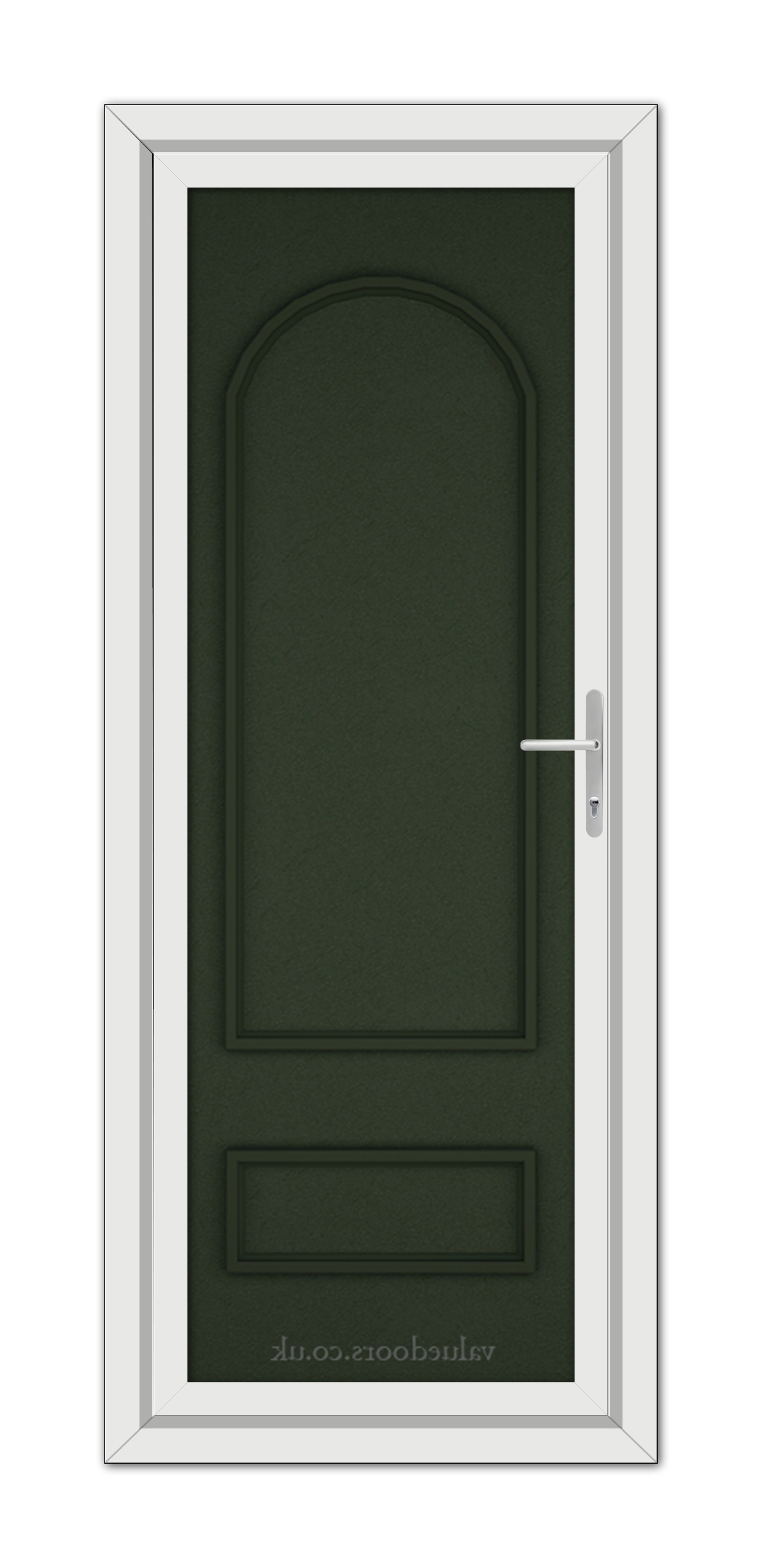 A Green Canterbury Solid uPVC Door within a white frame, featuring an arched design and a modern handle on the right side.