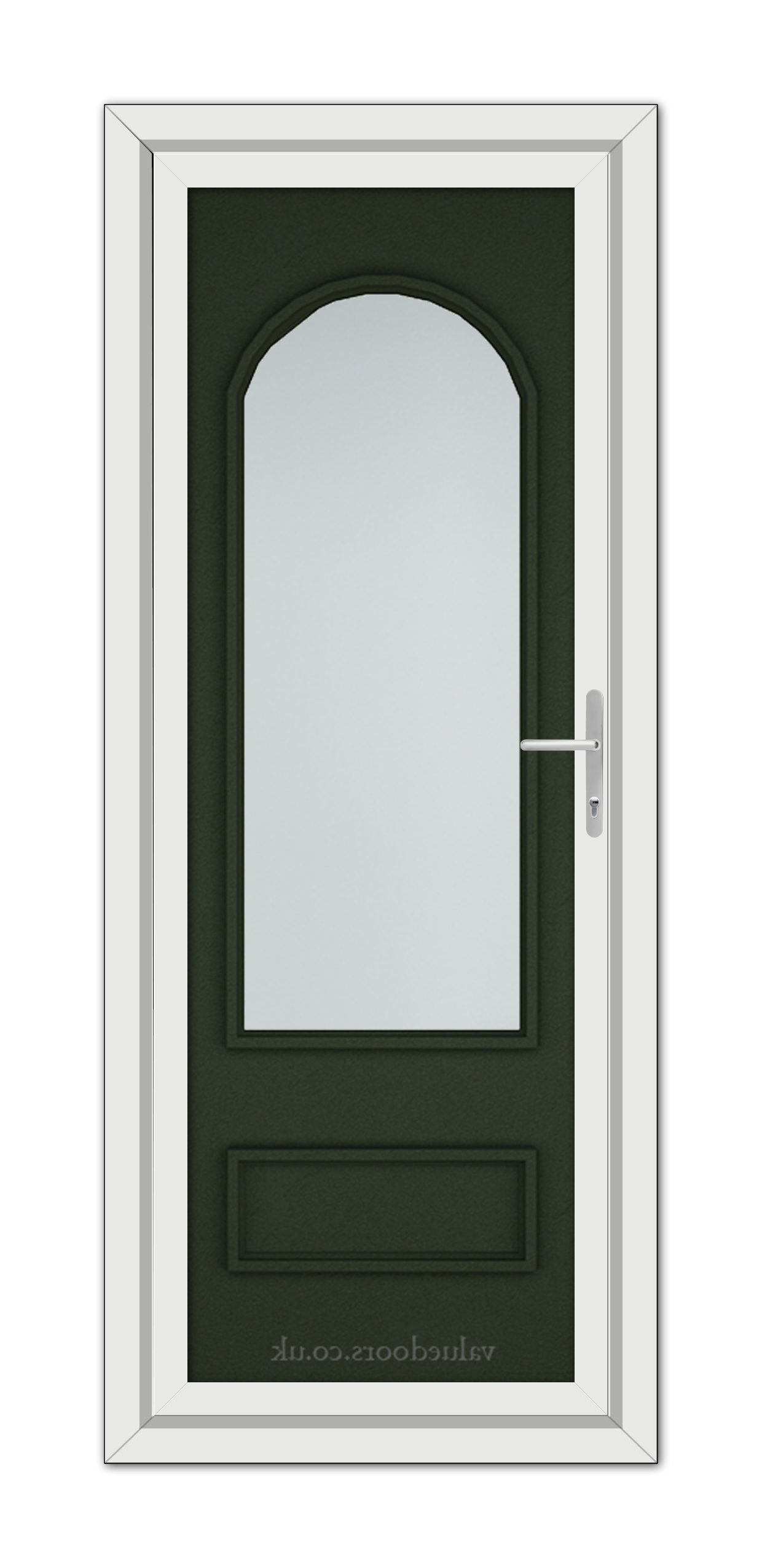 A vertical rectangular closed Green Canterbury uPVC door with a white frame, featuring a dark green panel with a centered arched window and a white door handle on the right.