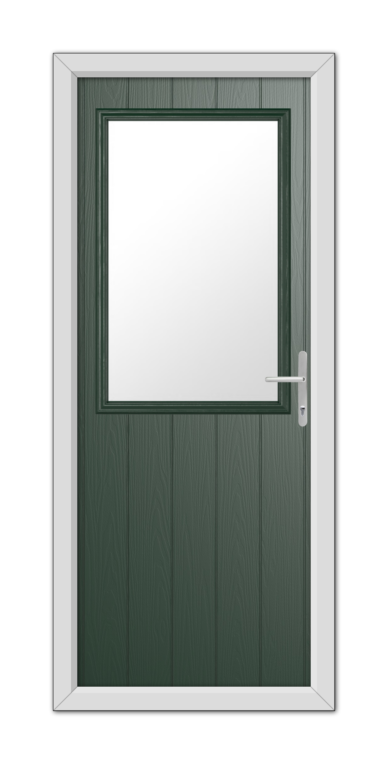 A closed modern Green Clifton Composite Door 48mm Timber Core with a dark green wood texture, featuring a large centered window and a white handle on the right.