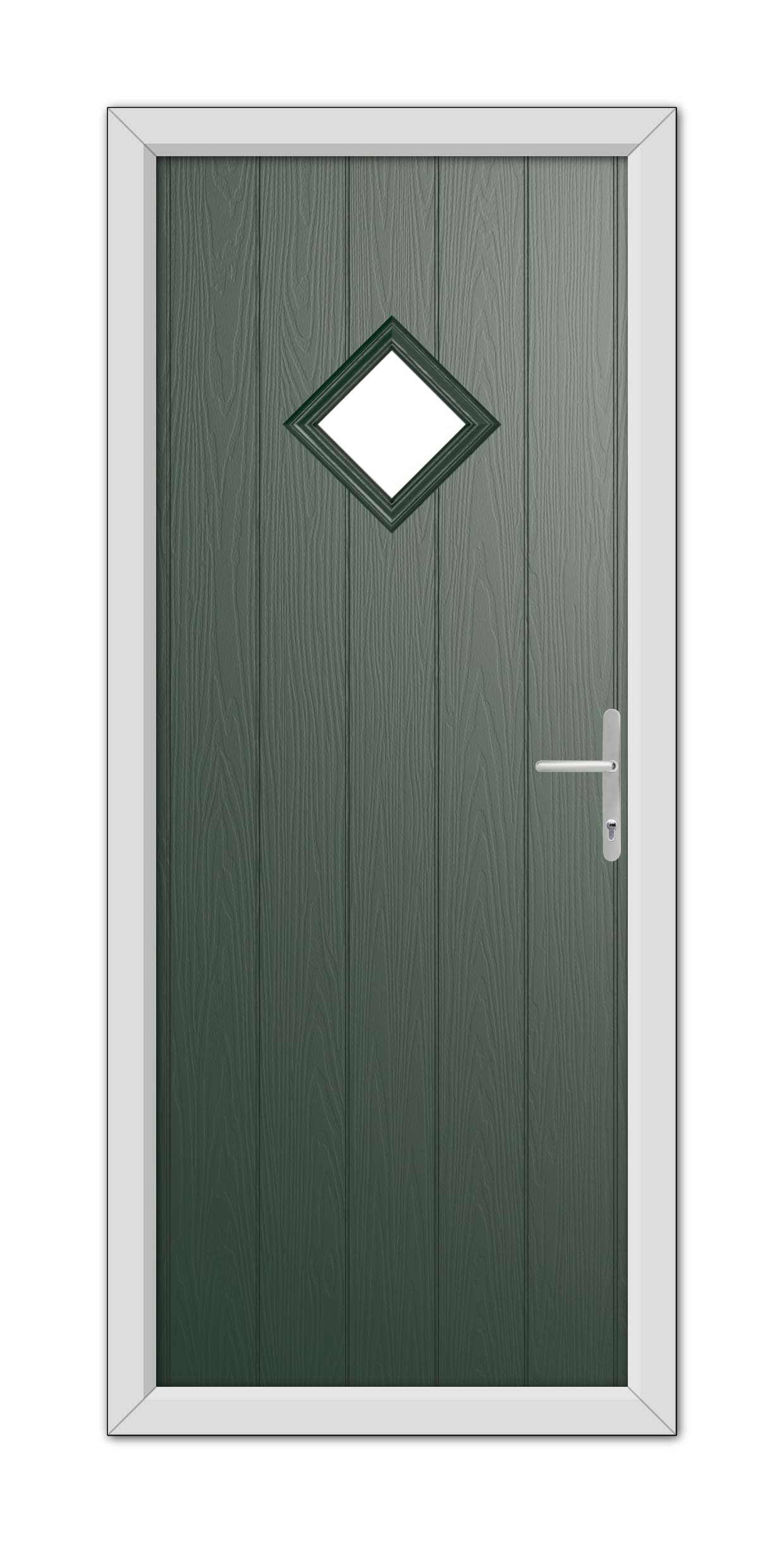 A Green Cornwall Composite Door 48mm Timber Core with a diamond-shaped window and a white handle, set within a white frame.