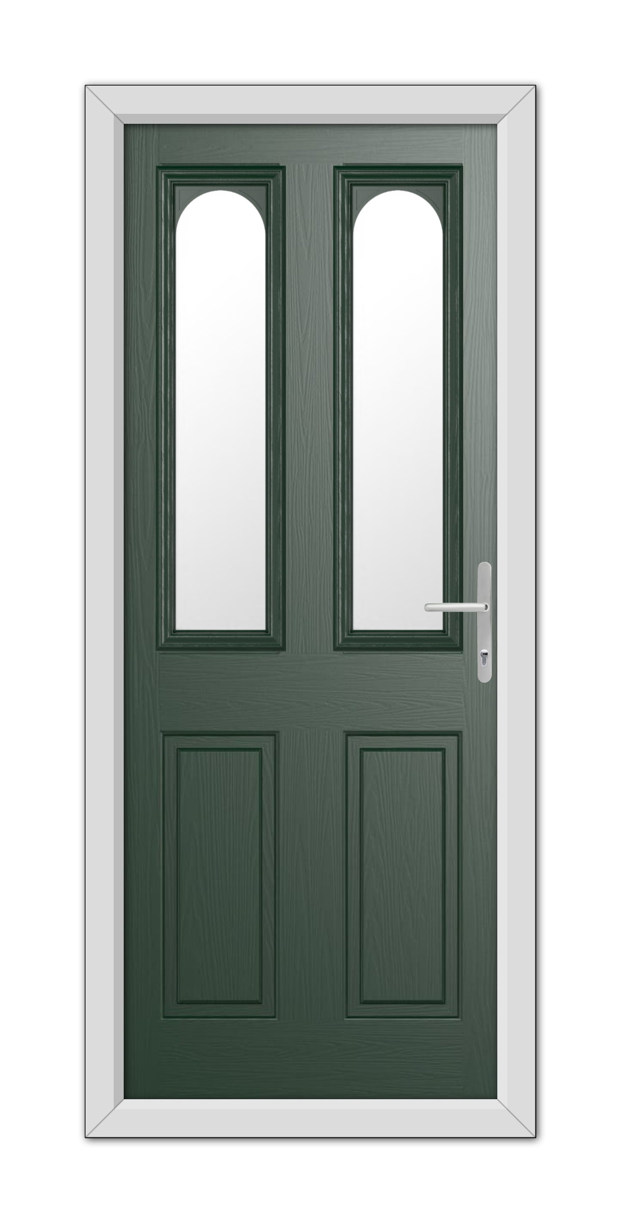Double door with a Green Elmhurst Composite Door 48mm Timber Core finish and two vertical glass panels in each door, featuring a white frame and a modern handle on the right.