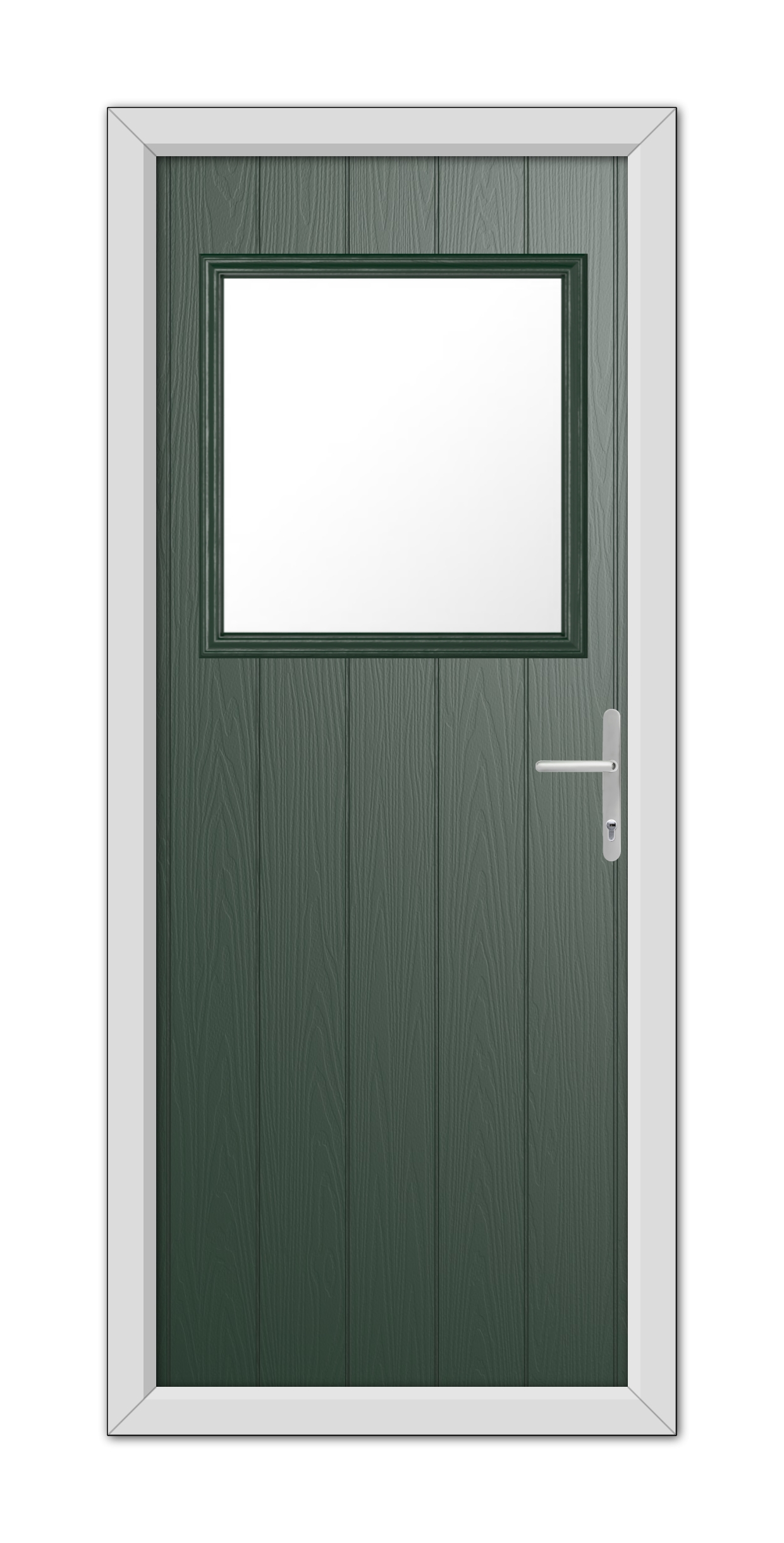A Green Fife Composite Door 48mm Timber Core with a rectangular window at the top and a metallic handle on the right side, set in a white frame.