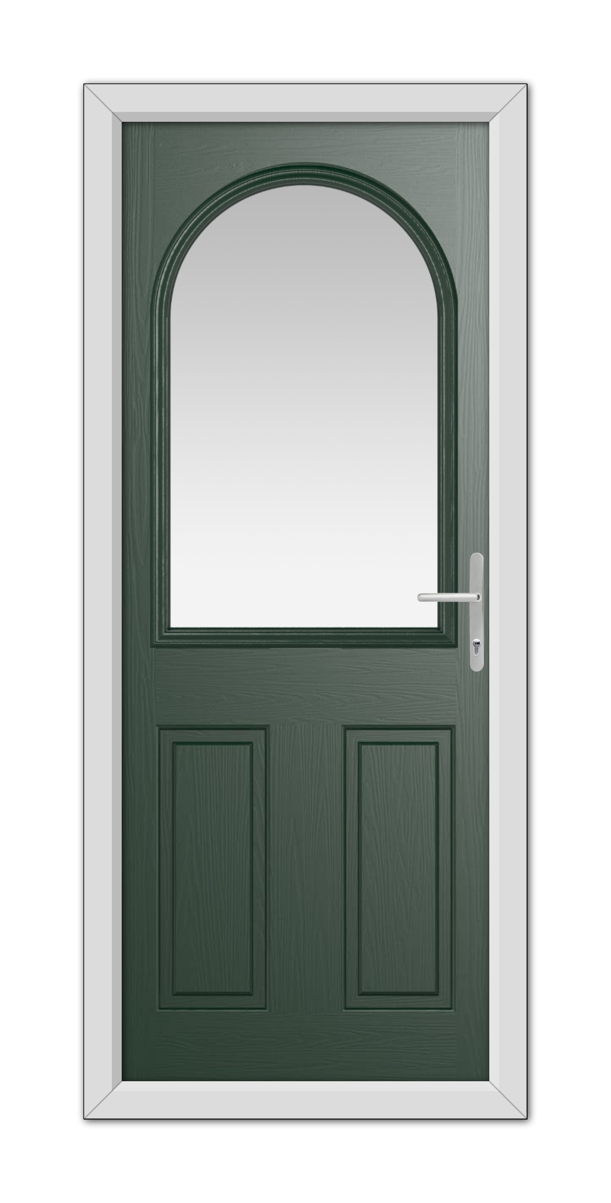 A Green Grafton Composite Door 48mm Timber Core with an arched window at the top, equipped with a silver handle and framed in white.