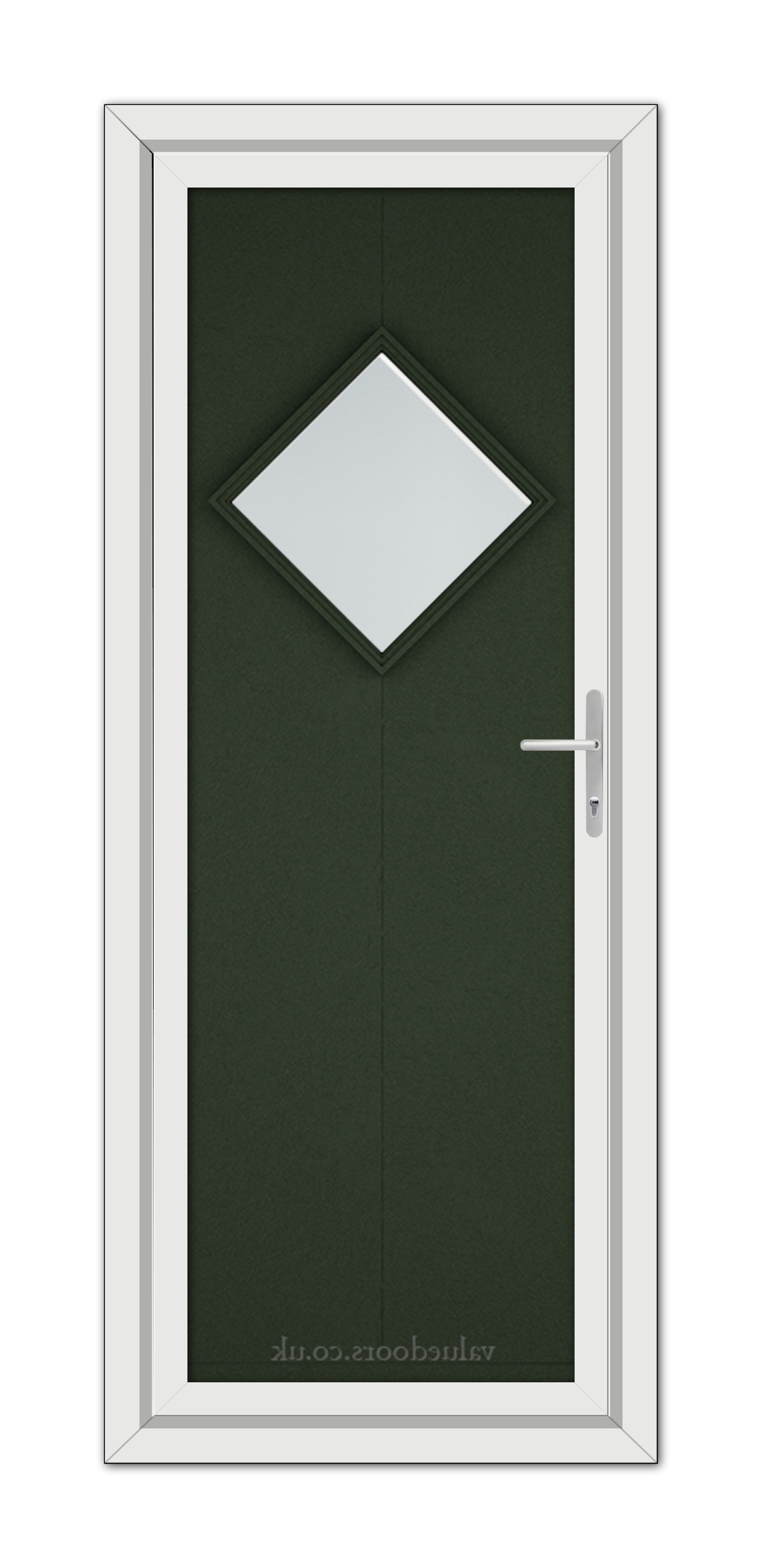 A modern Green Hamburg uPVC Door with a diamond-shaped window and a white door frame, including a silver handle on the right side.